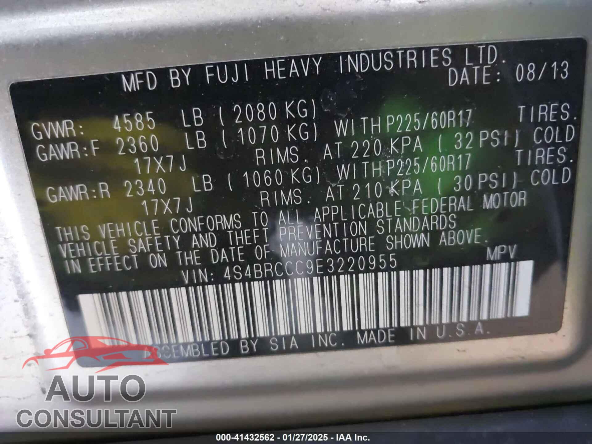 SUBARU OUTBACK 2014 - 4S4BRCCC9E3220955