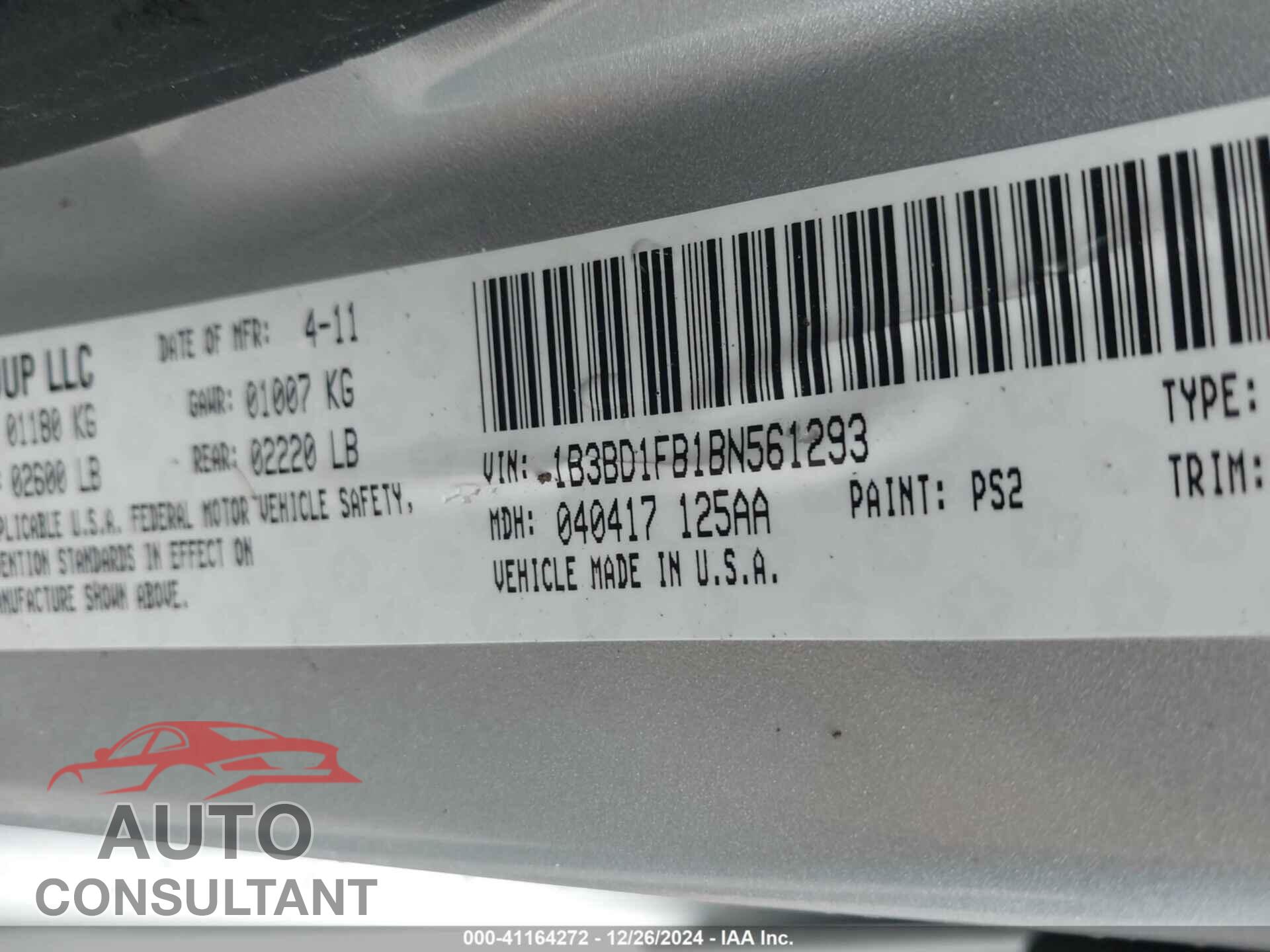 DODGE AVENGER 2011 - 1B3BD1FB1BN561293