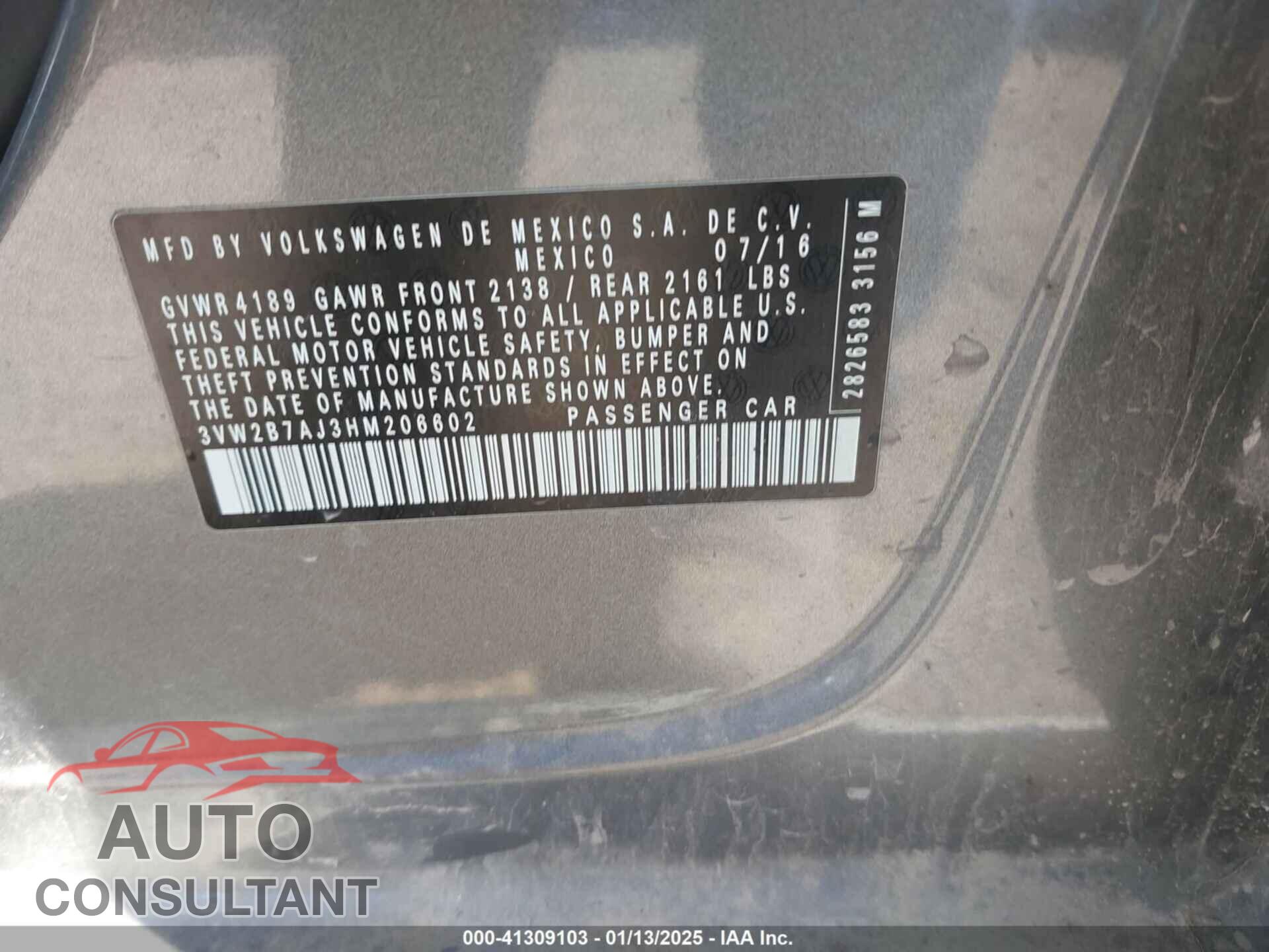 VOLKSWAGEN JETTA 2017 - 3VW2B7AJ3HM206602