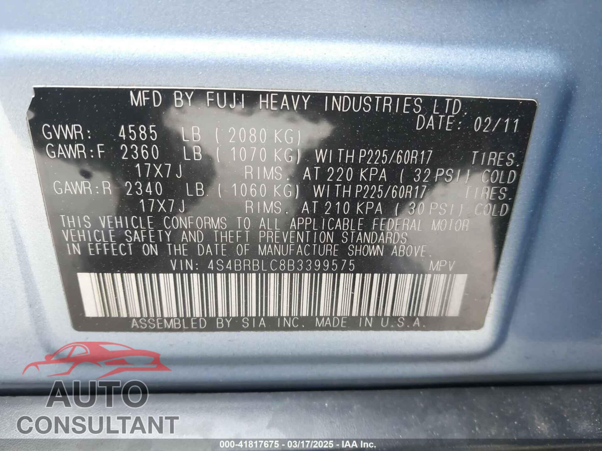 SUBARU OUTBACK 2011 - 4S4BRBLC8B3399575