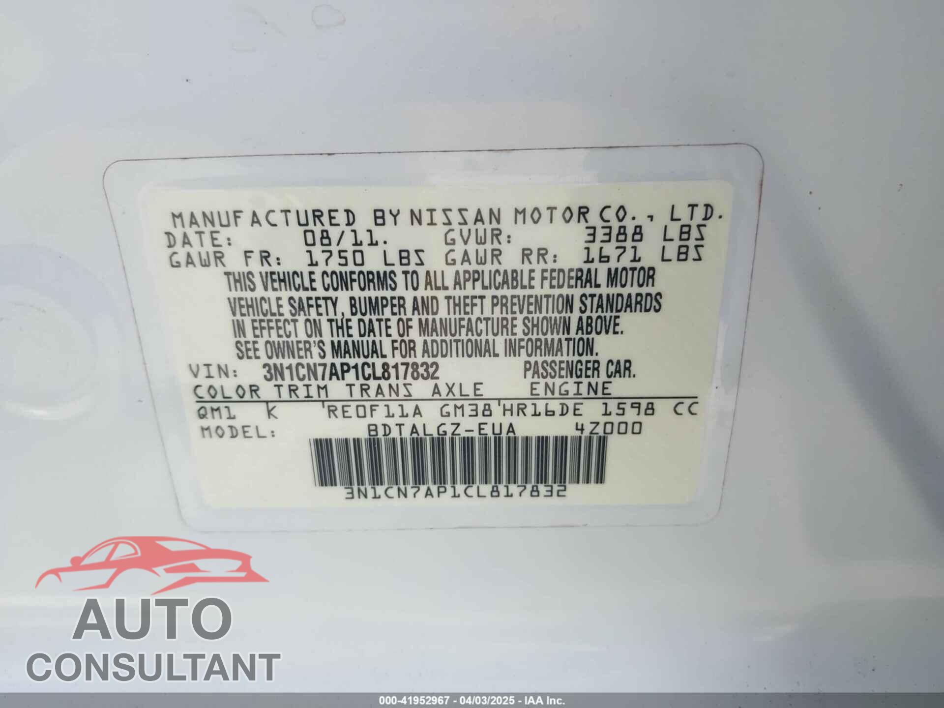 NISSAN VERSA 2012 - 3N1CN7AP1CL817832