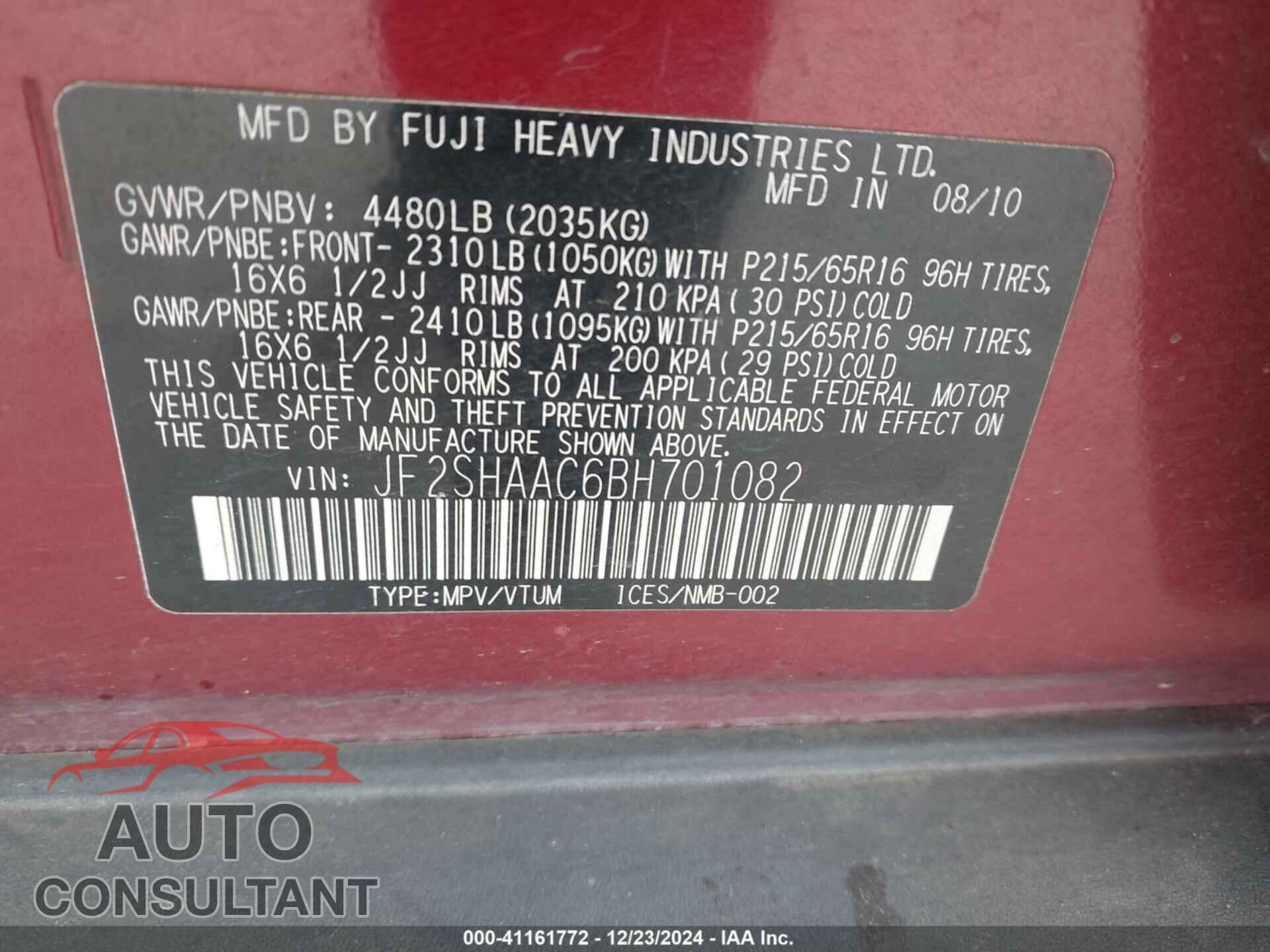 SUBARU FORESTER 2011 - JF2SHAAC6BH701082