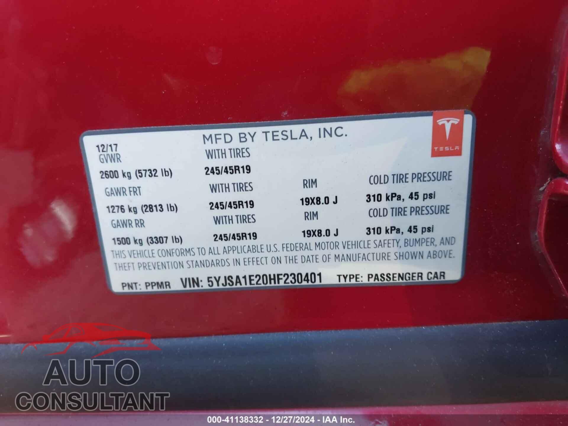 TESLA MODEL S 2017 - 5YJSA1E20HF230401