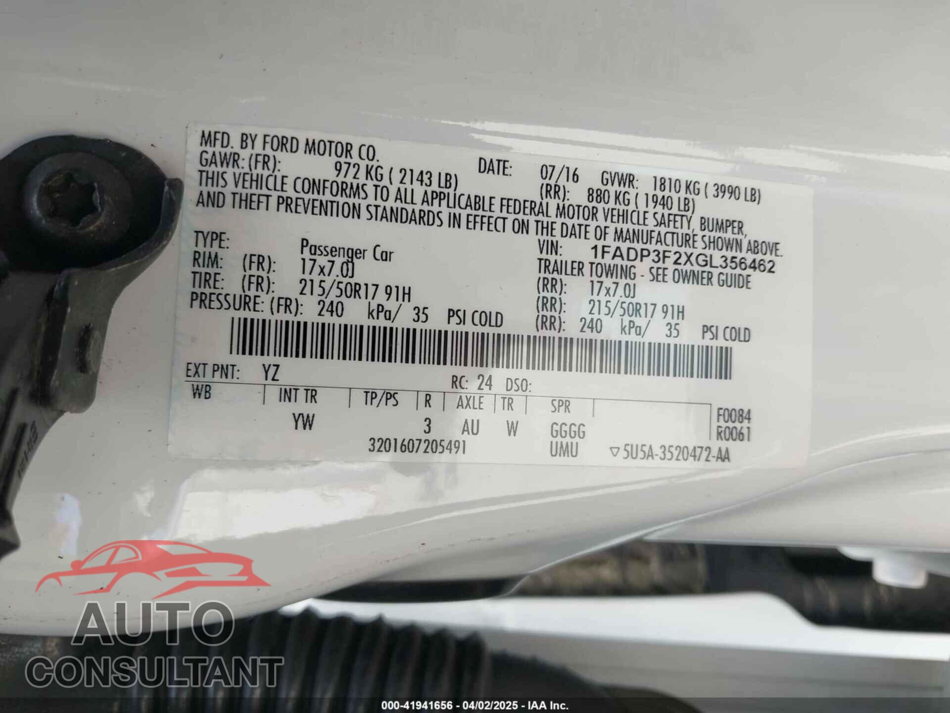 FORD FOCUS 2016 - 1FADP3F2XGL356462
