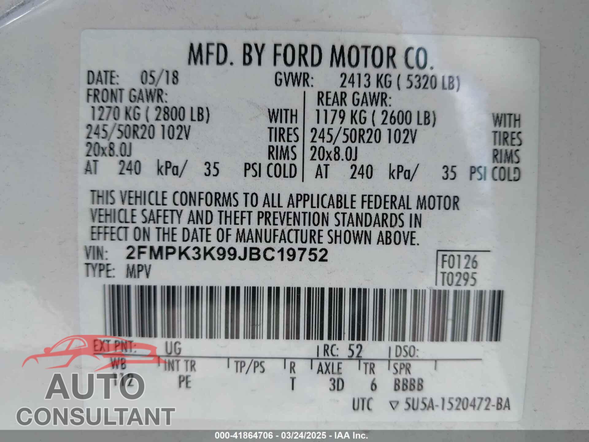 FORD EDGE 2018 - 2FMPK3K99JBC19752