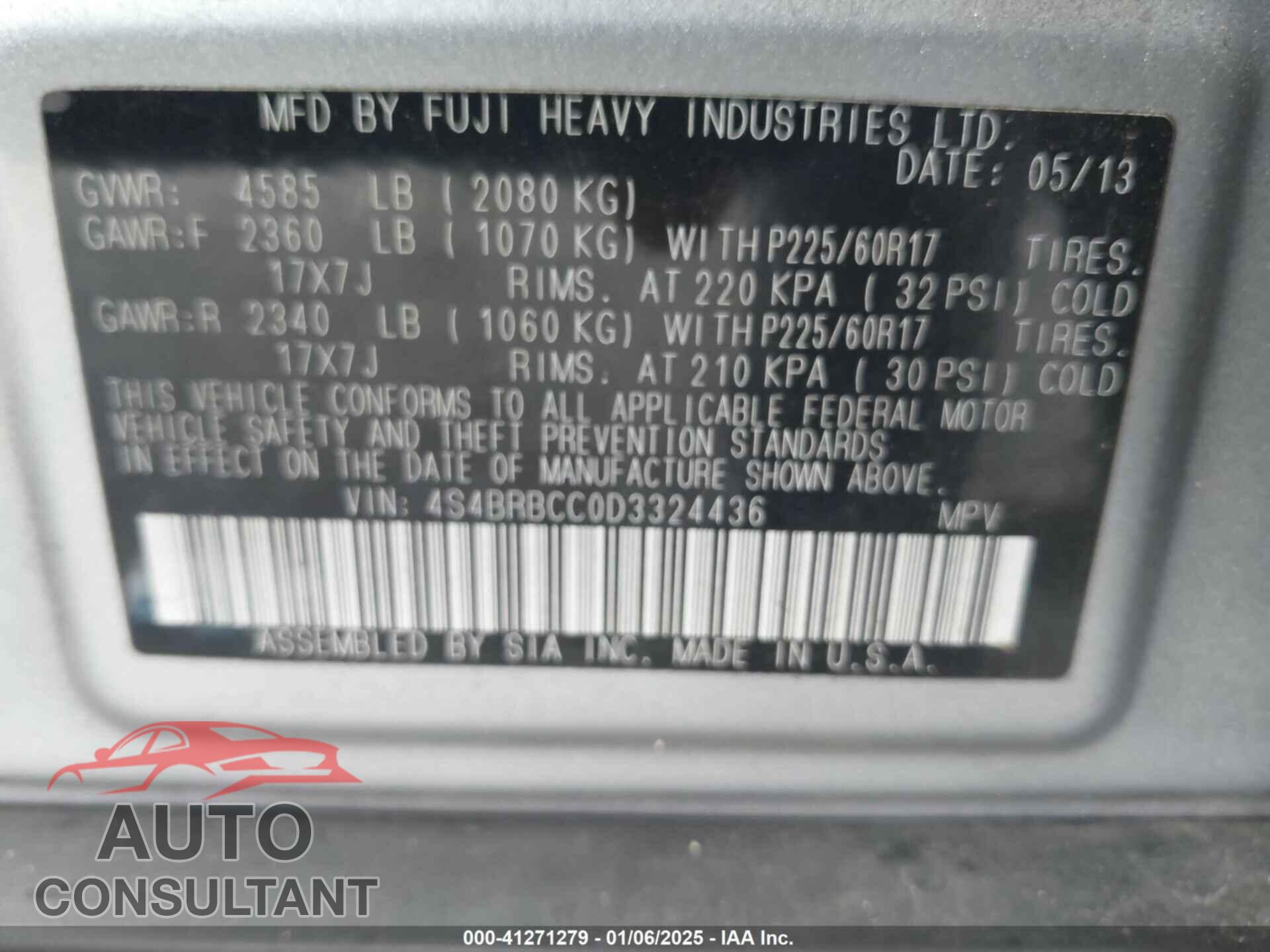 SUBARU OUTBACK 2013 - 4S4BRBCC0D3324436