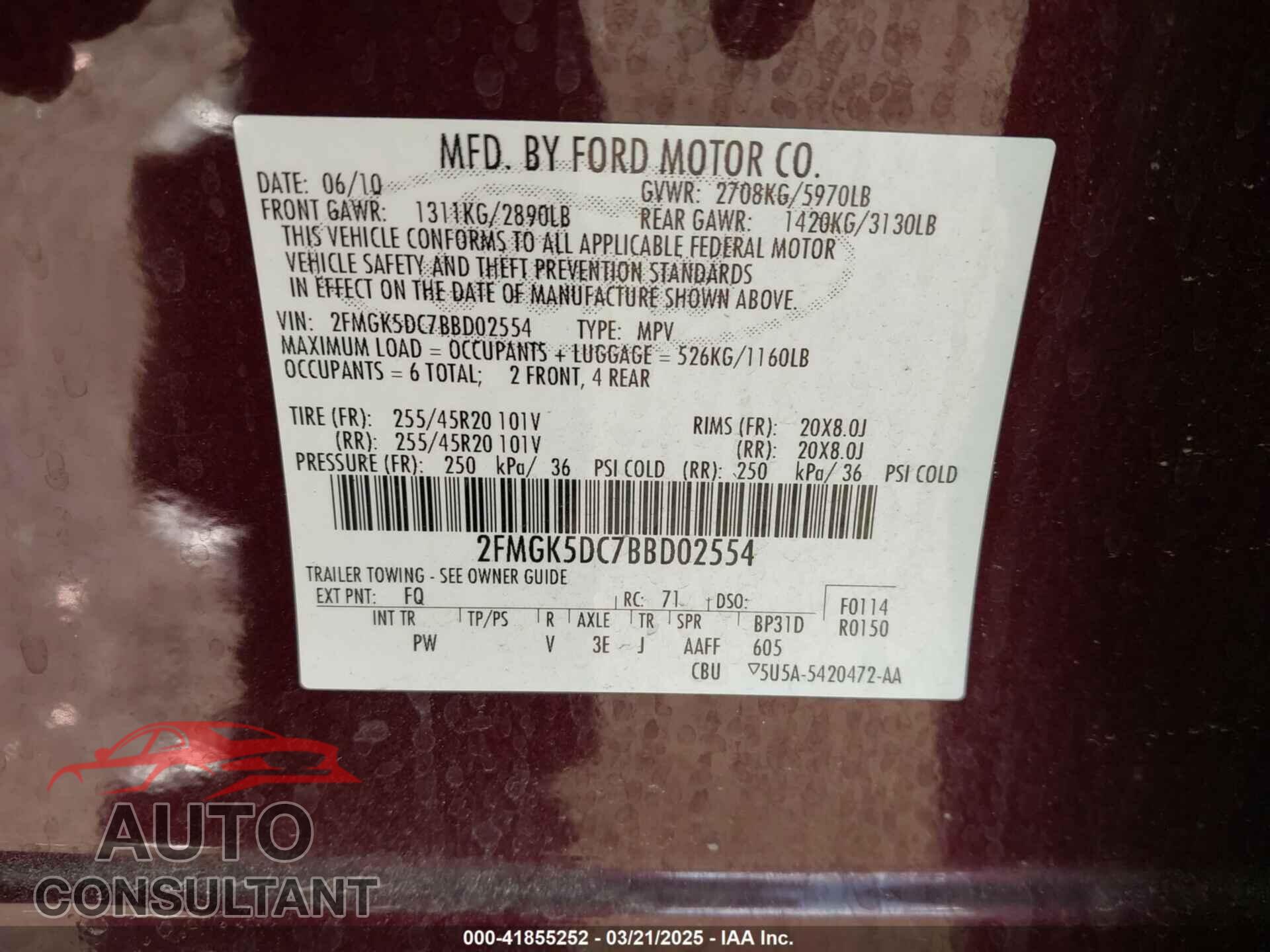 FORD FLEX 2011 - 2FMGK5DC7BBD02554