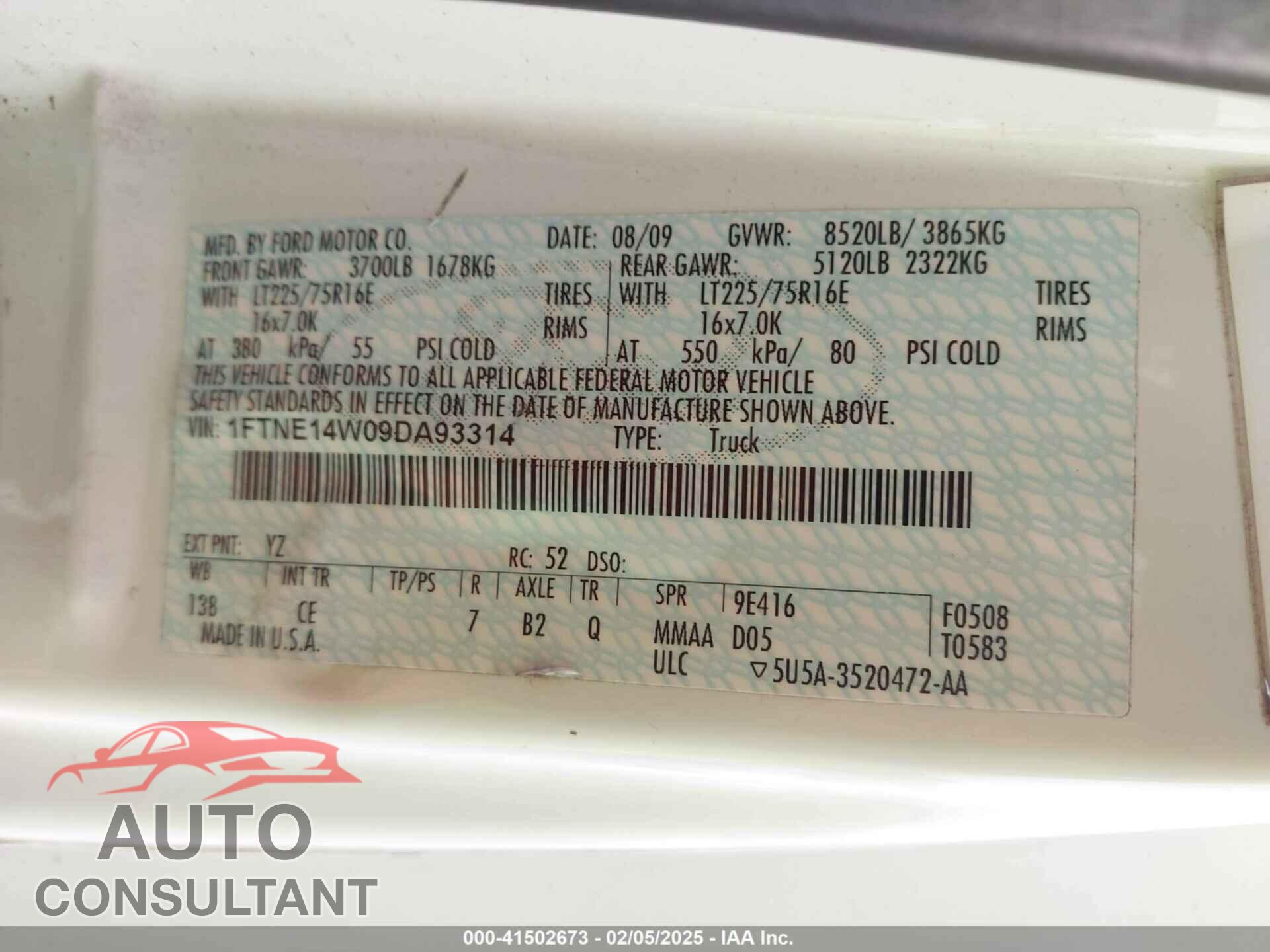 FORD E-150 2009 - 1FTNE14W09DA93314