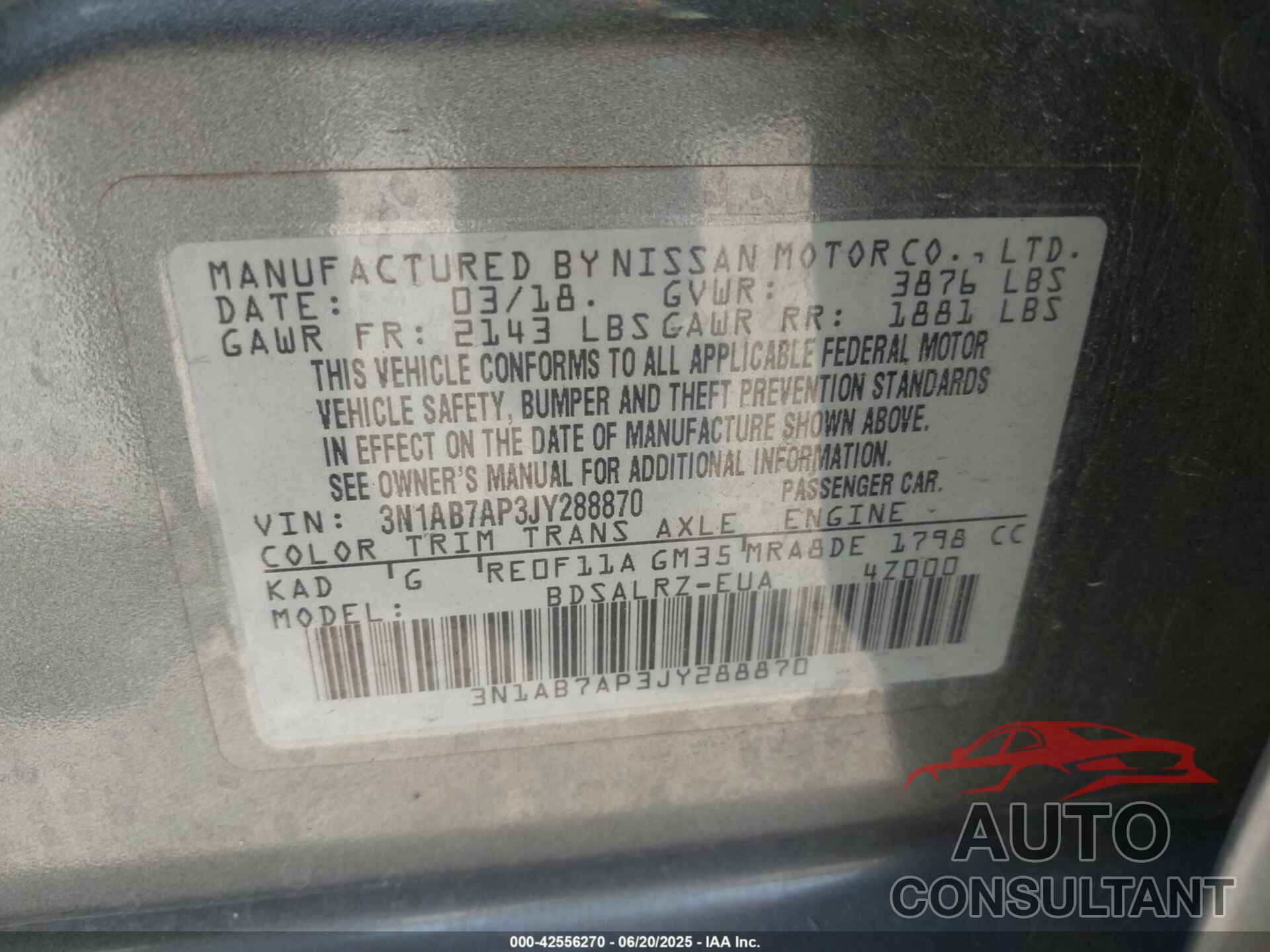 NISSAN SENTRA 2018 - 3N1AB7AP3JY288870