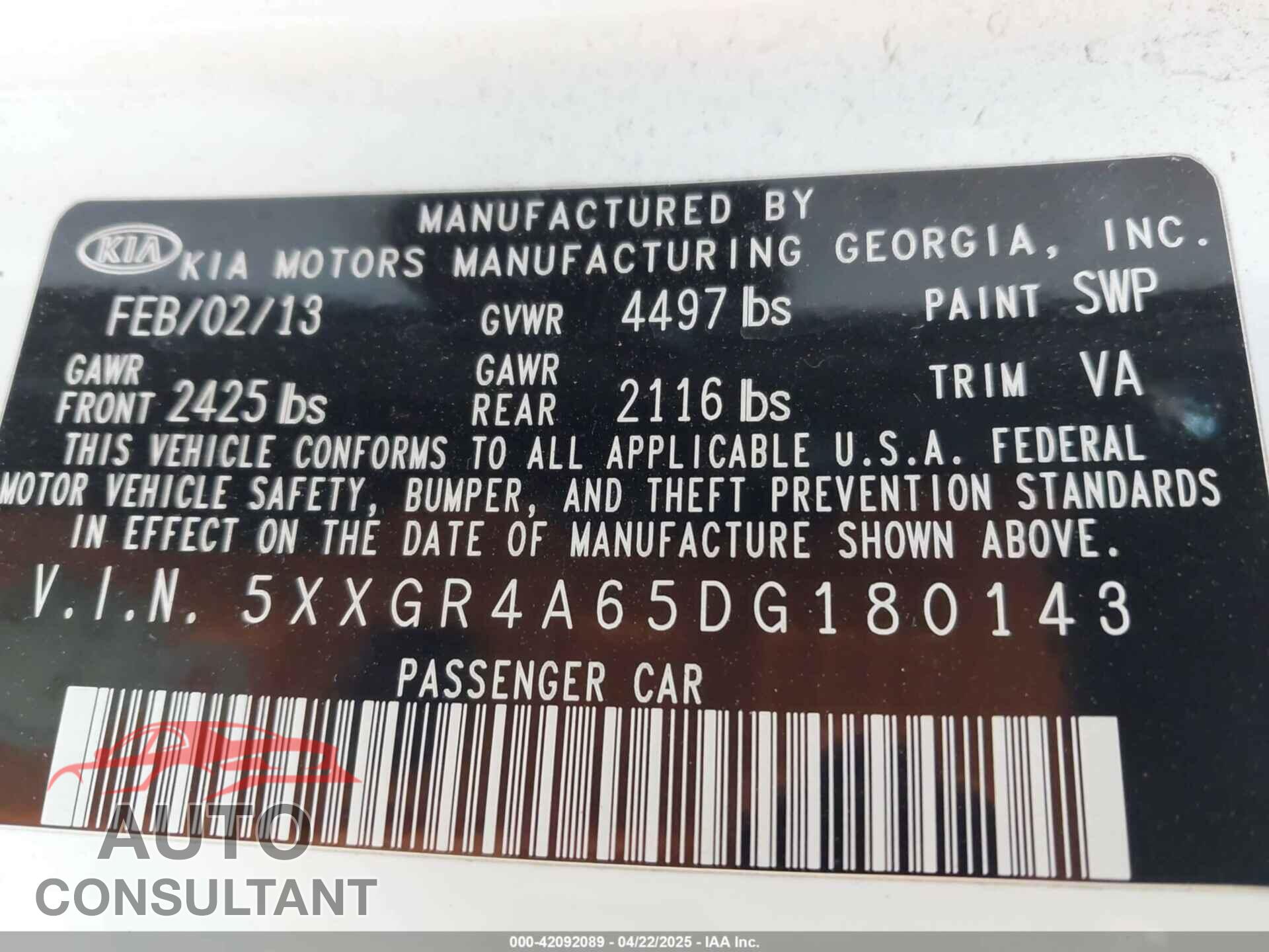 KIA OPTIMA 2013 - 5XXGR4A65DG180143