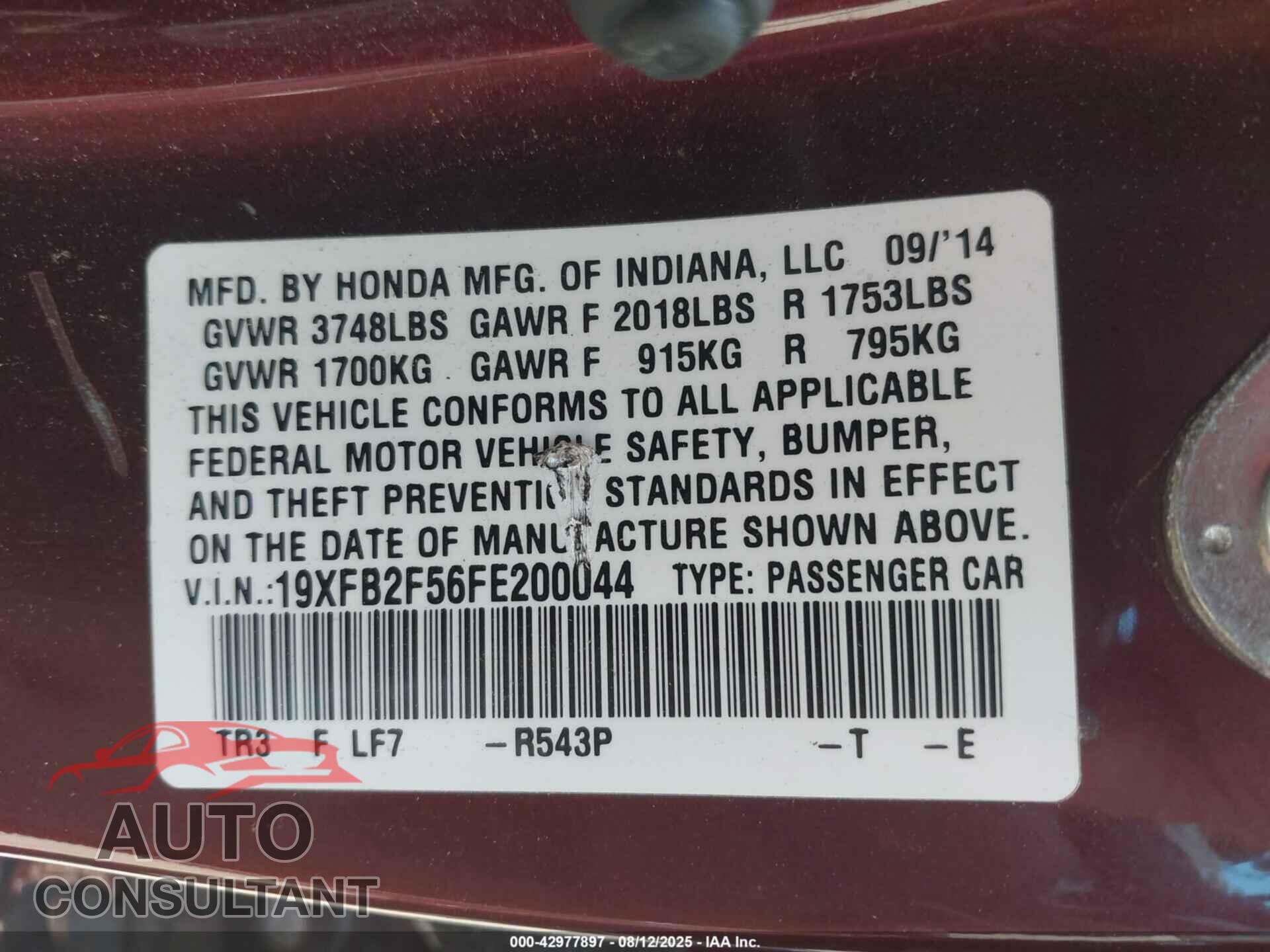 HONDA CIVIC 2015 - 19XFB2F56FE200044