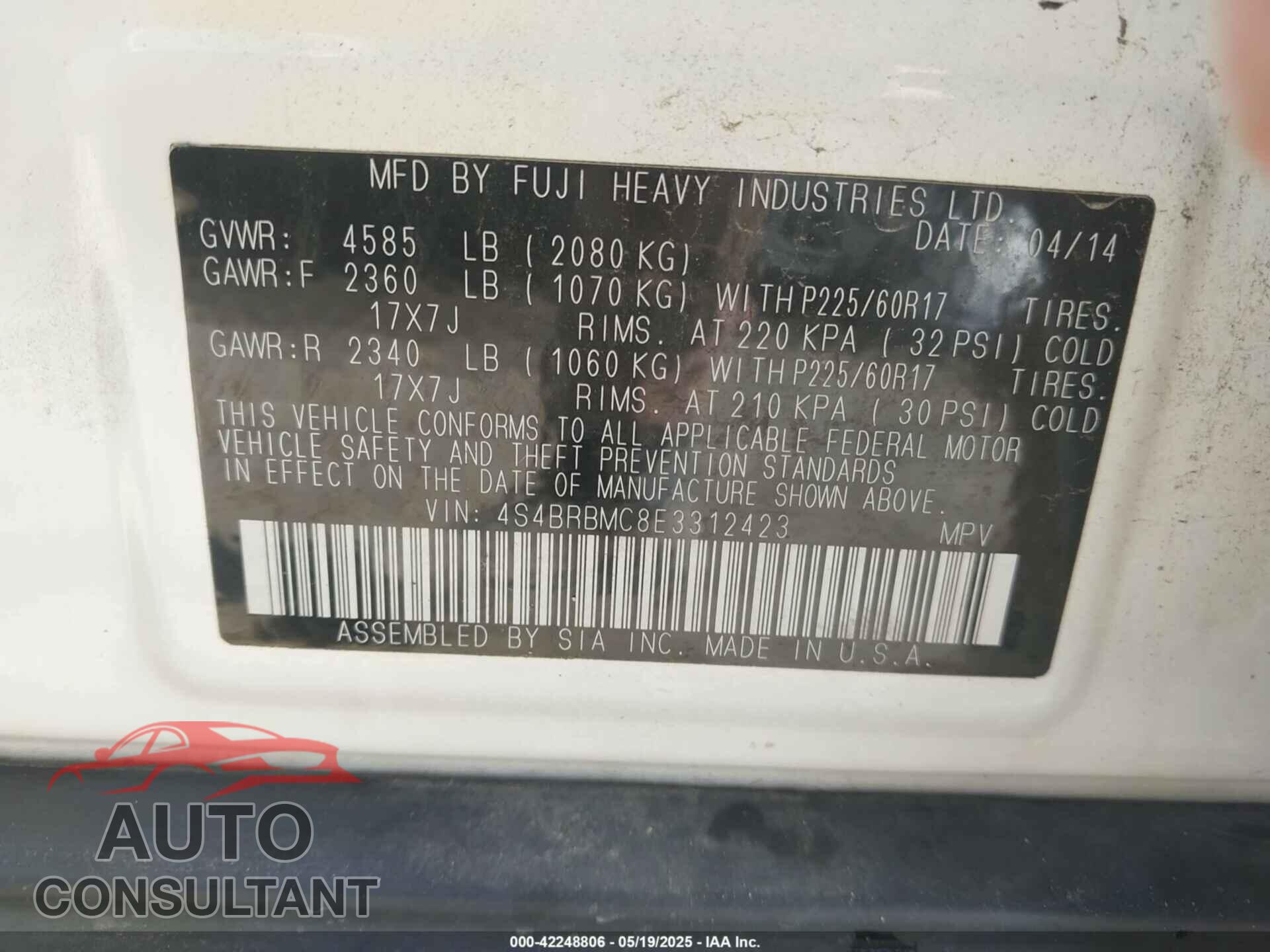 SUBARU OUTBACK 2014 - 4S4BRBMC8E3312423