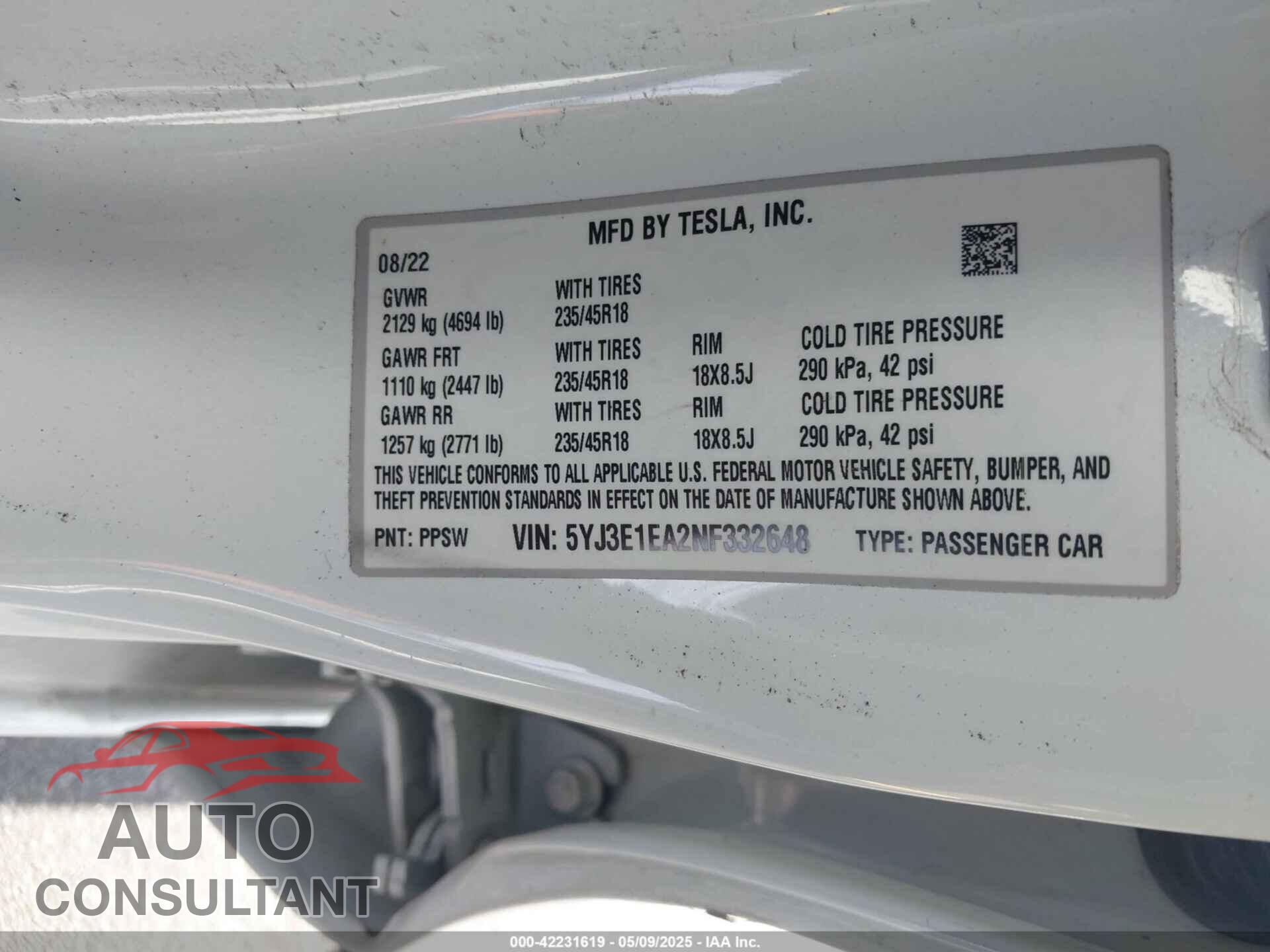 TESLA MODEL 3 2022 - 5YJ3E1EA2NF332648