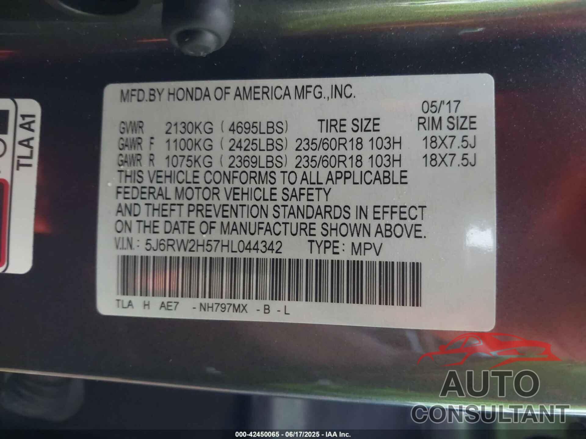 HONDA CR-V 2017 - 5J6RW2H57HL044342