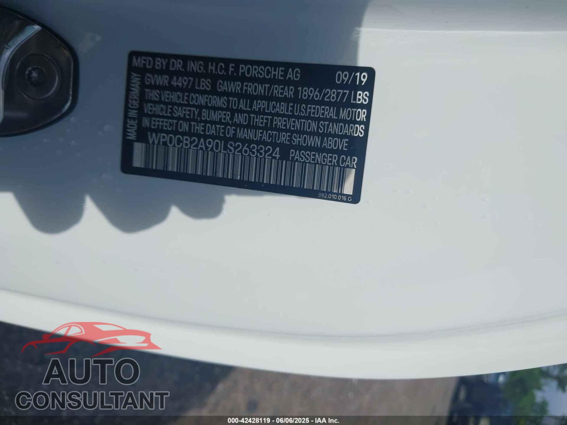 PORSCHE 911 2020 - WP0CB2A90LS263324