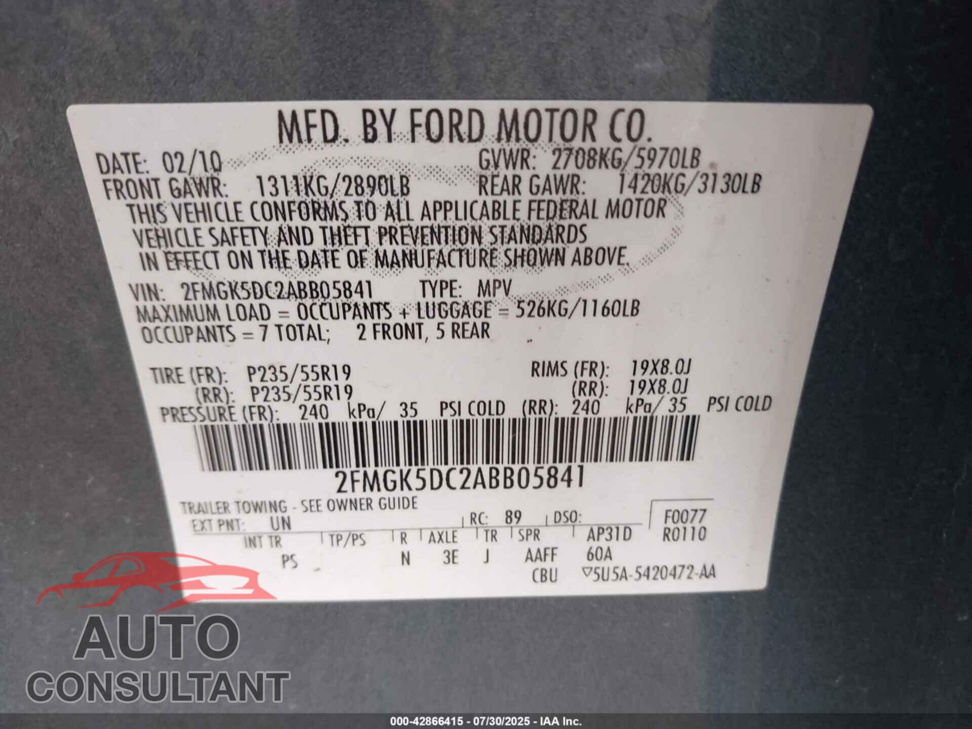 FORD FLEX 2010 - 2FMGK5DC2ABB05841