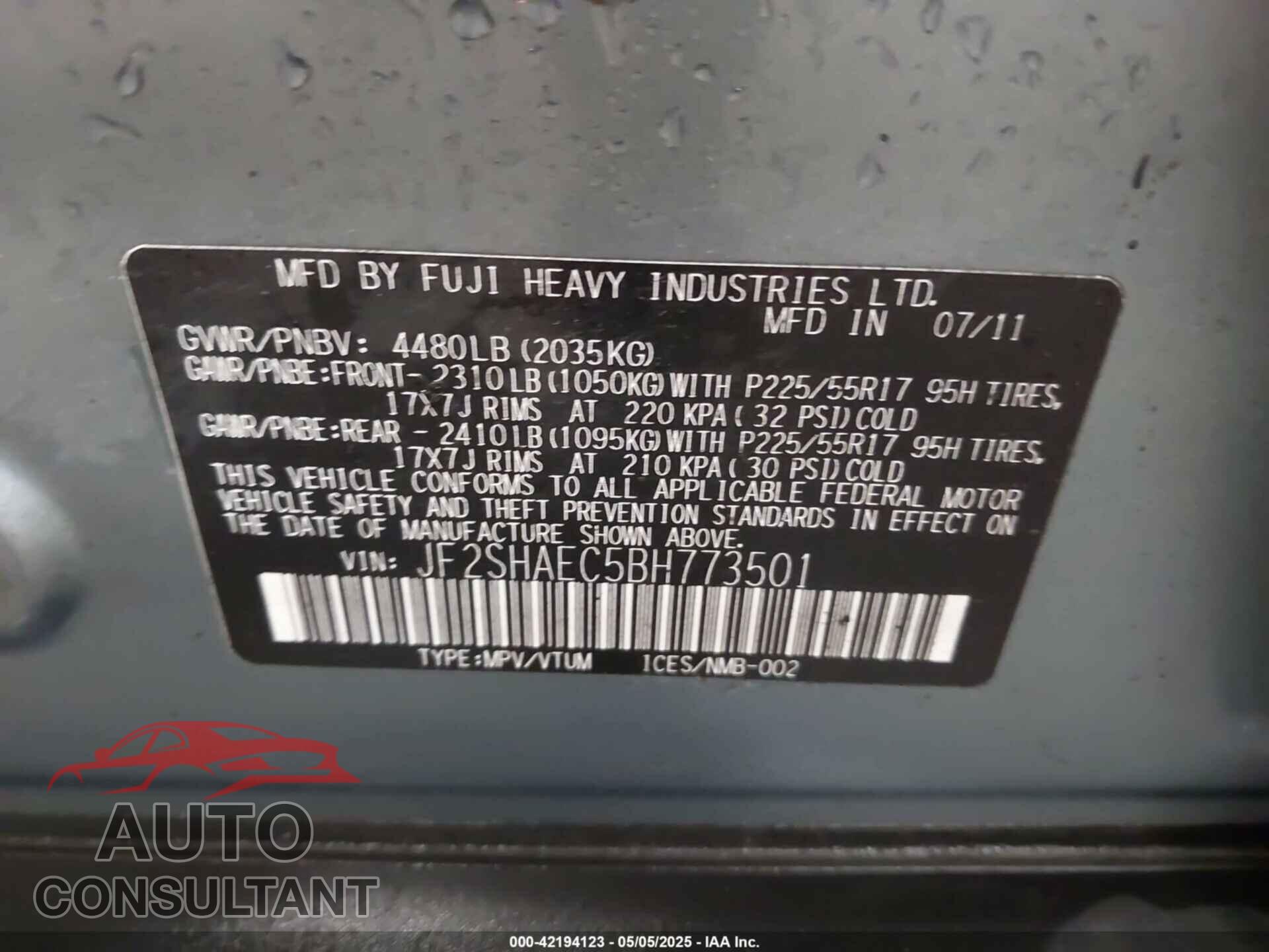 SUBARU FORESTER 2011 - JF2SHAEC5BH773501