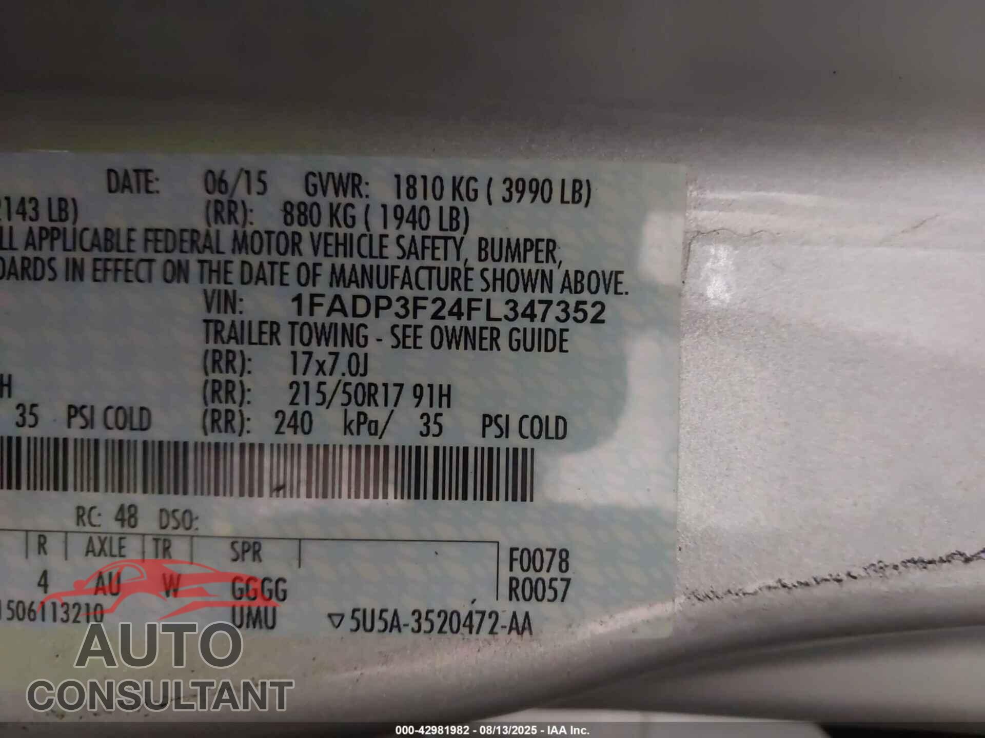 FORD FOCUS 2015 - 1FADP3F24FL347352