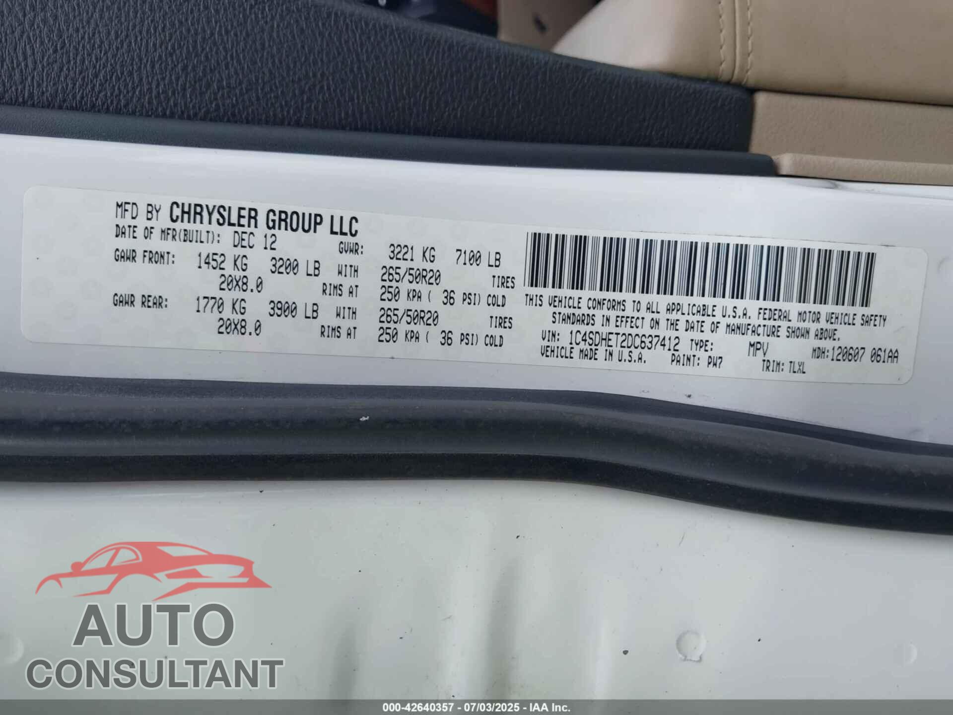 DODGE DURANGO 2013 - 1C4SDHET2DC637412