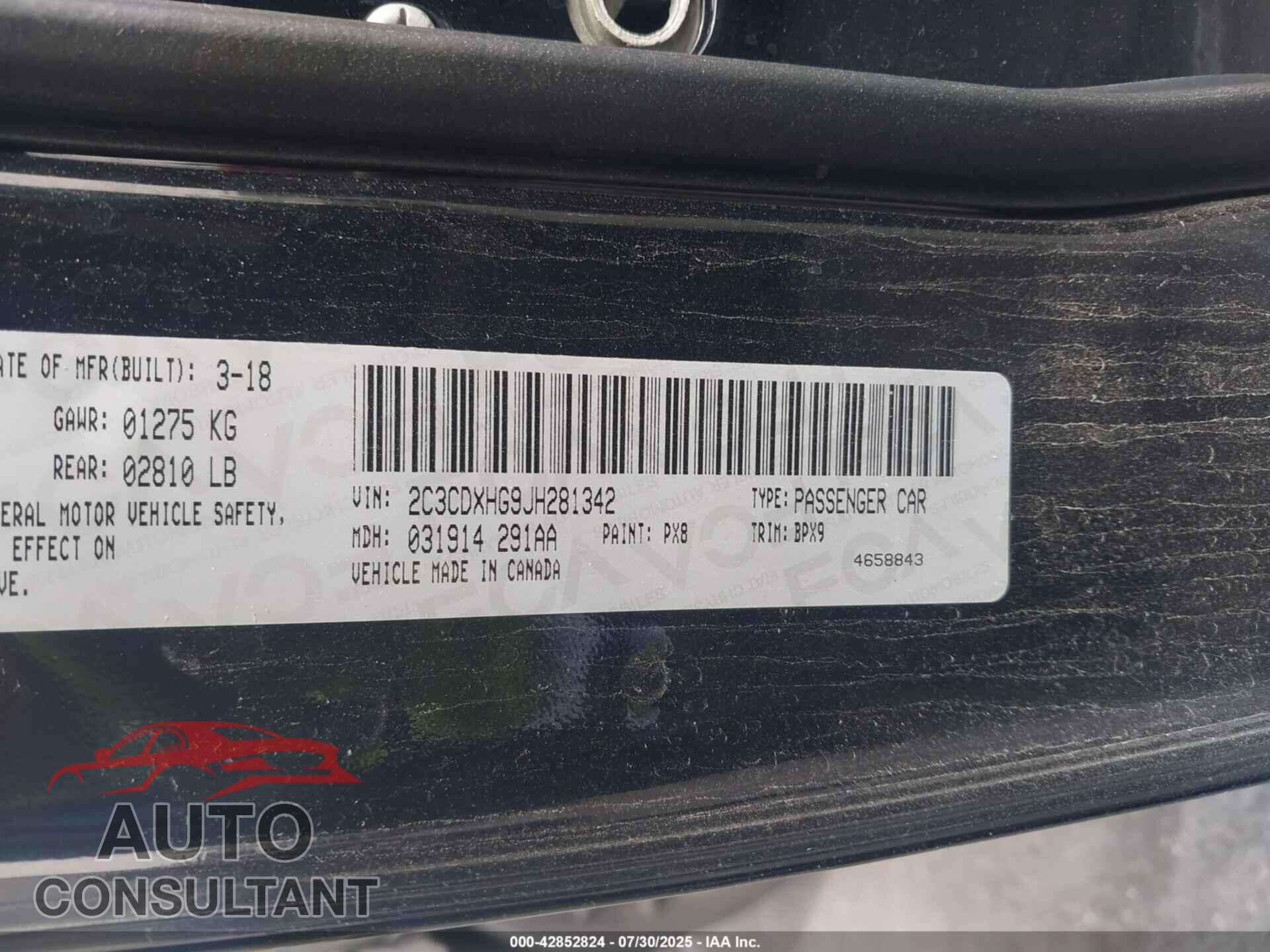 DODGE CHARGER 2018 - 2C3CDXHG9JH281342