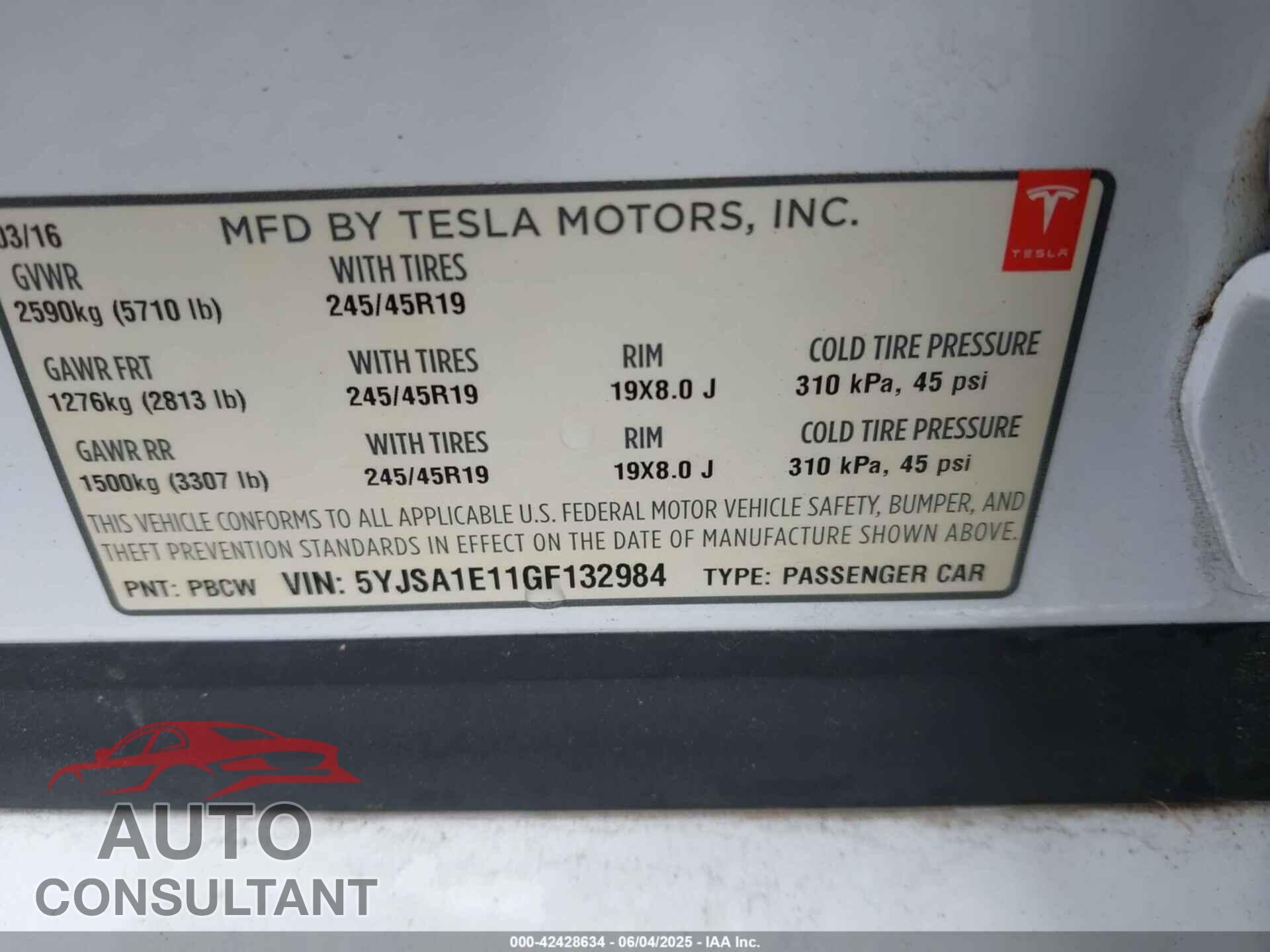 TESLA MODEL S 2016 - 5YJSA1E11GF132984
