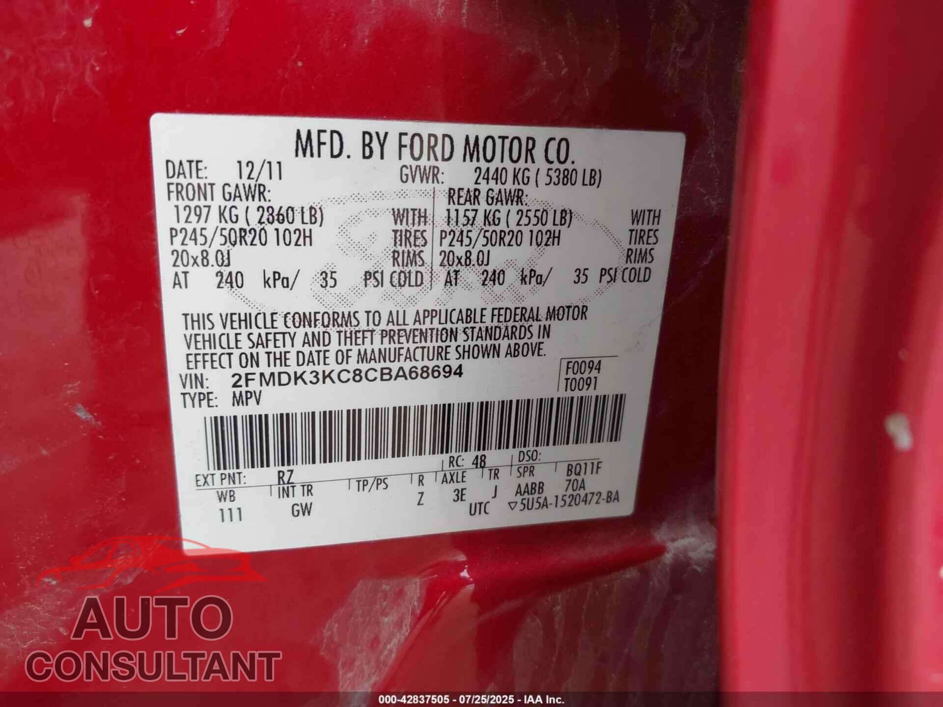 FORD EDGE 2012 - 2FMDK3KC8CBA68694
