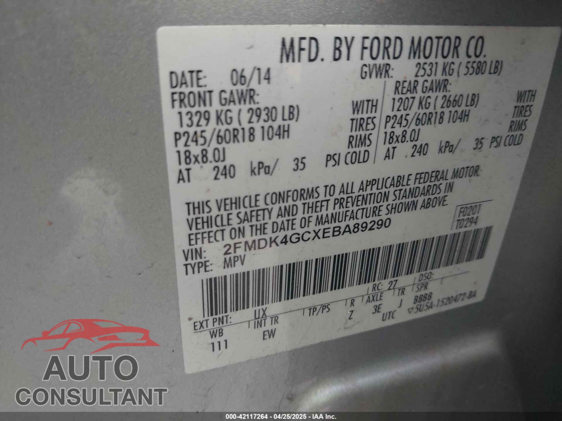 FORD EDGE 2014 - 2FMDK4GCXEBA89290