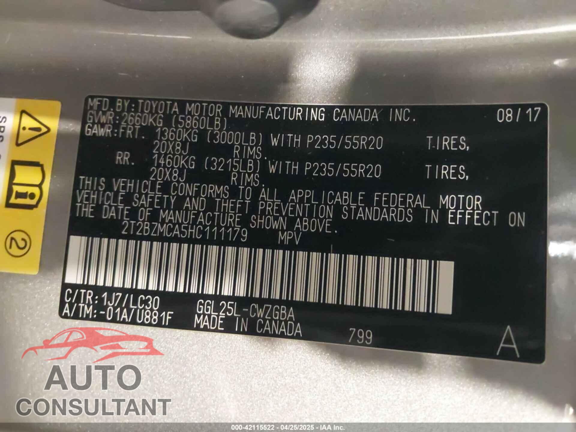 LEXUS RX 350 2017 - 2T2BZMCA5HC111179