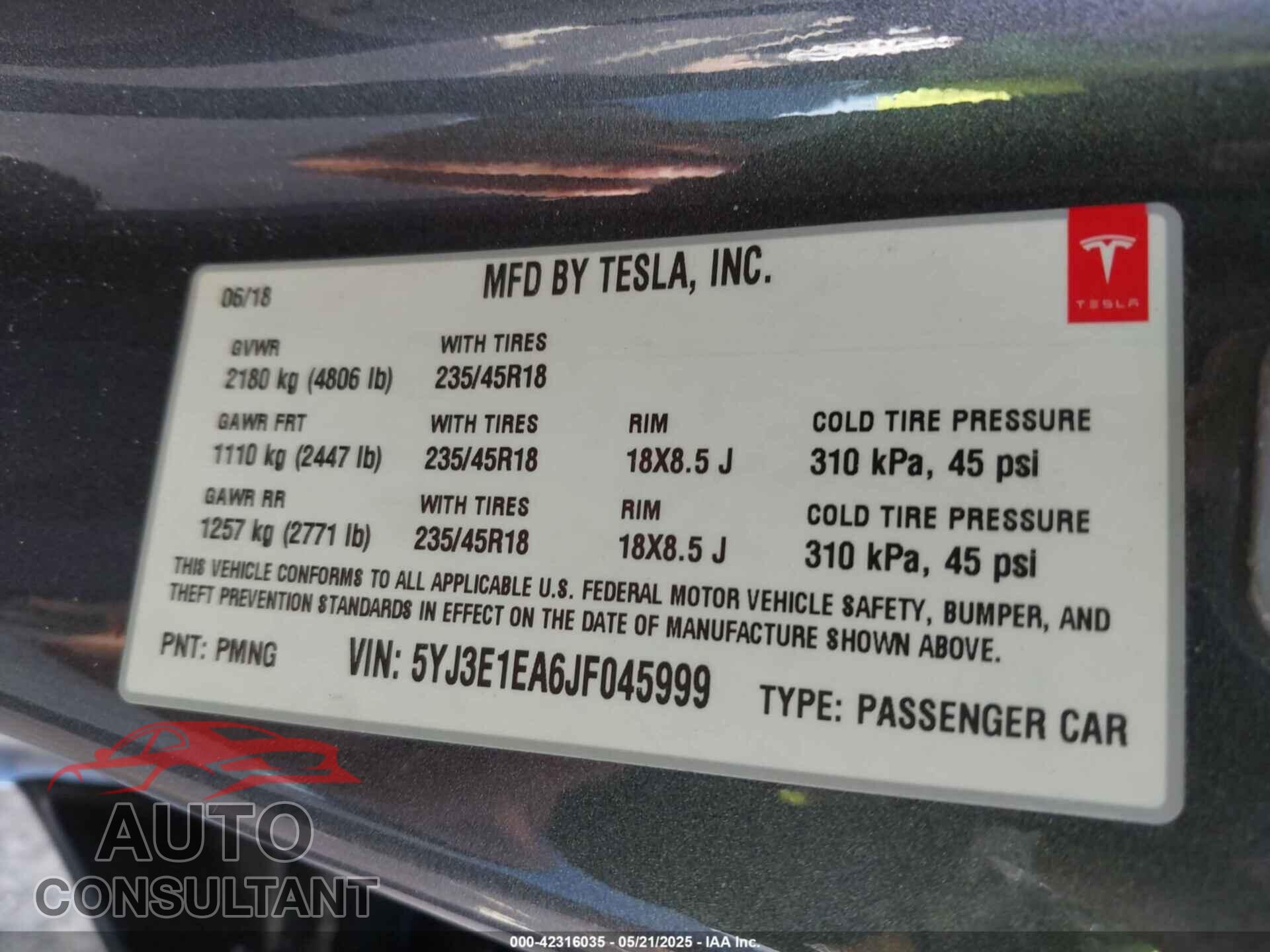 TESLA MODEL 3 2018 - 5YJ3E1EA6JF045999