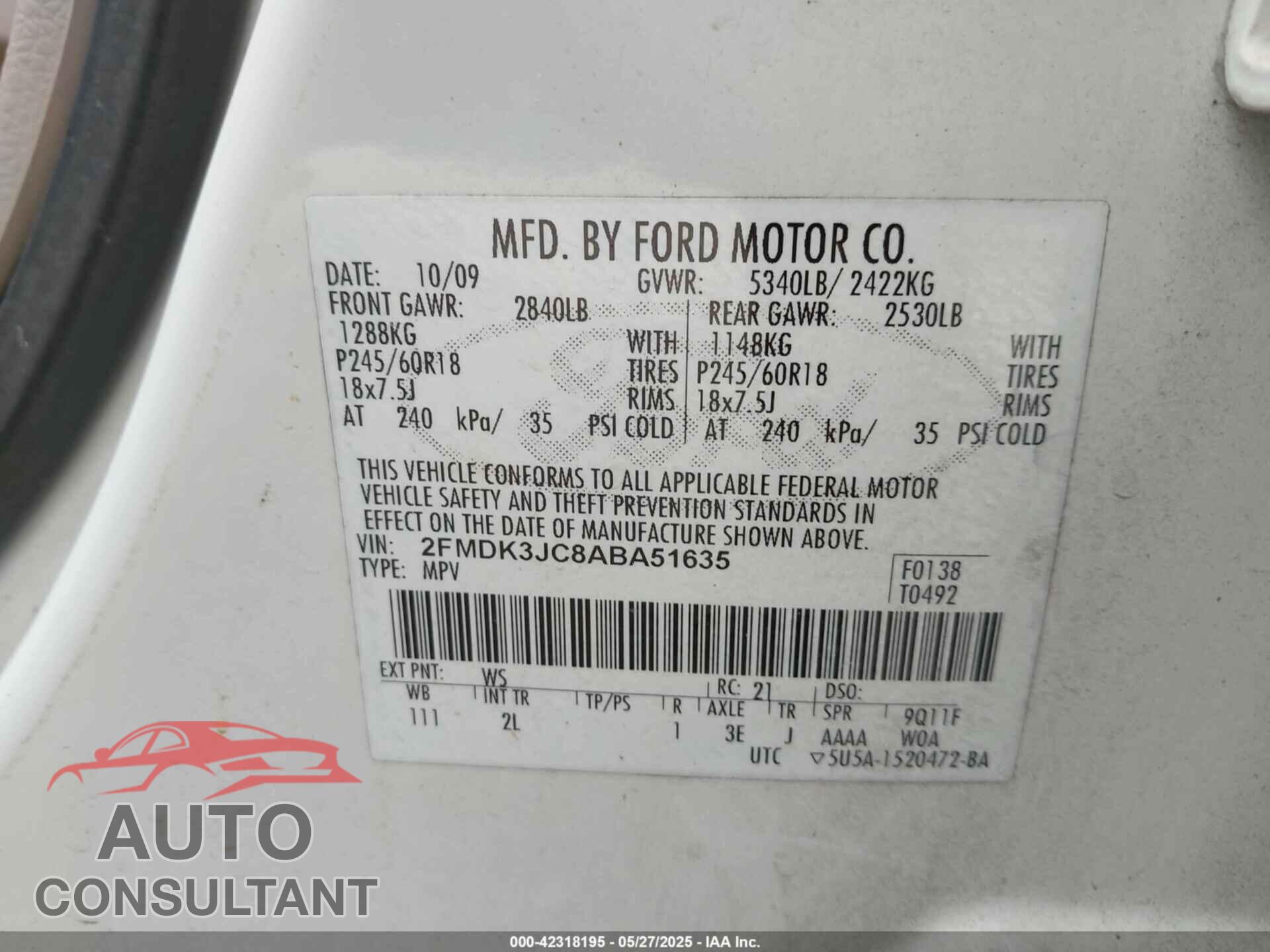 FORD EDGE 2010 - 2FMDK3JC8ABA51635