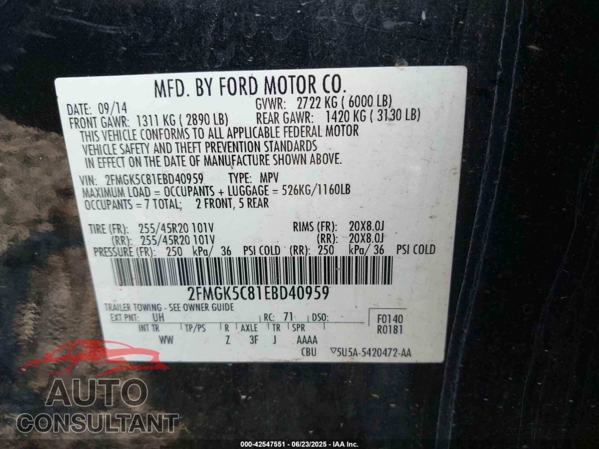 FORD FLEX 2014 - 2FMGK5C81EBD40959