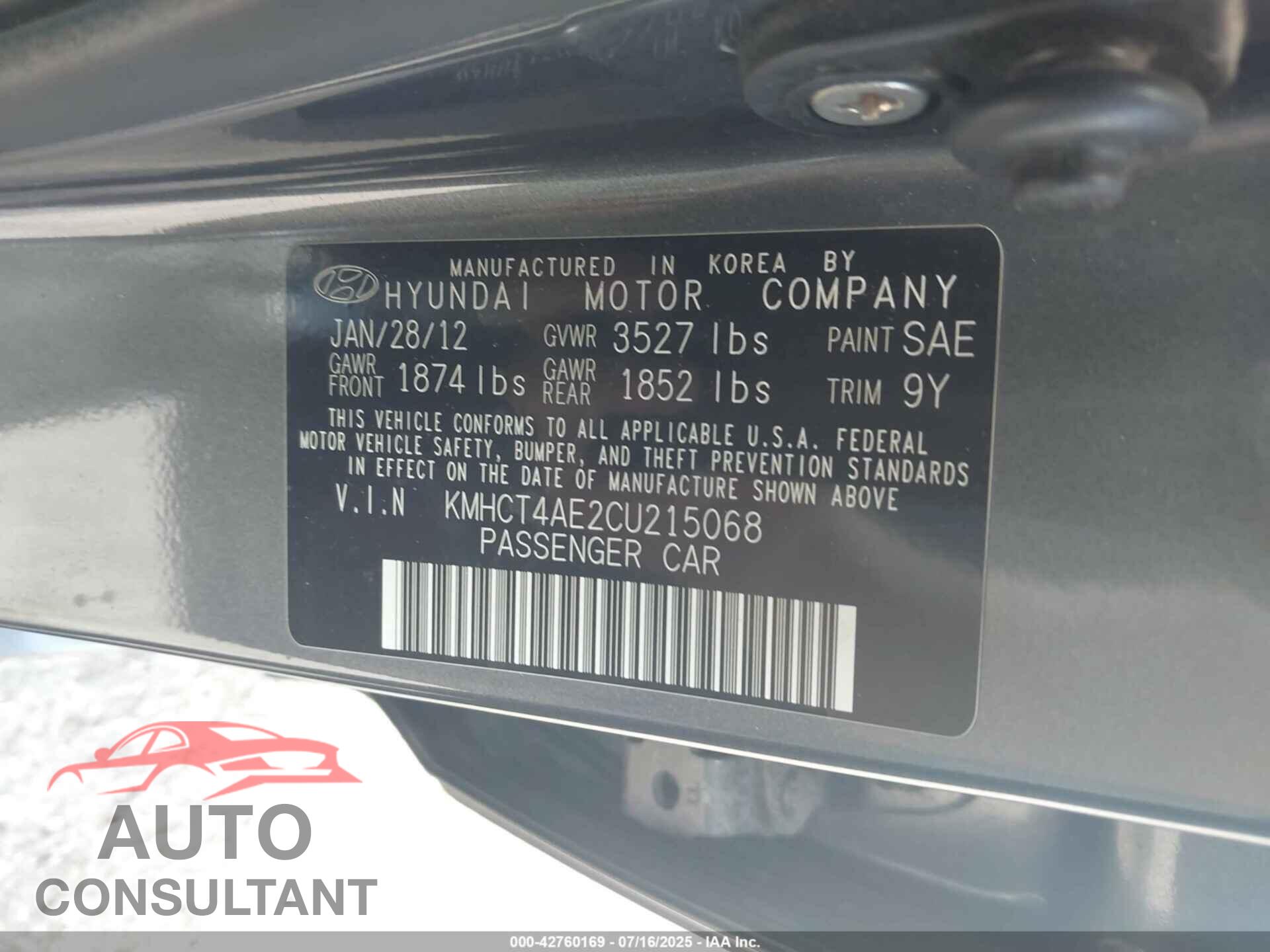 HYUNDAI ACCENT 2012 - KMHCT4AE2CU215068