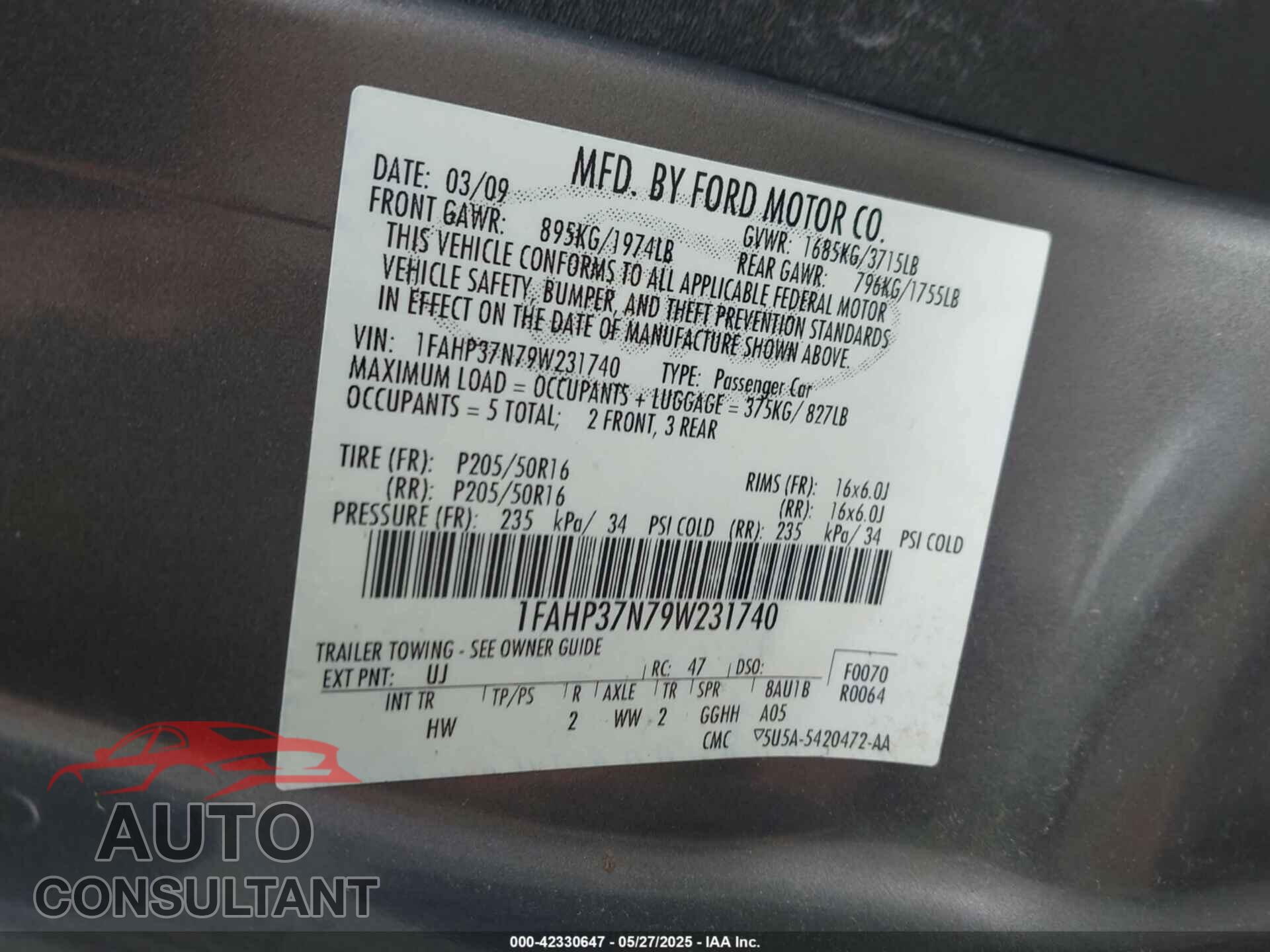 FORD FOCUS 2009 - 1FAHP37N79W231740