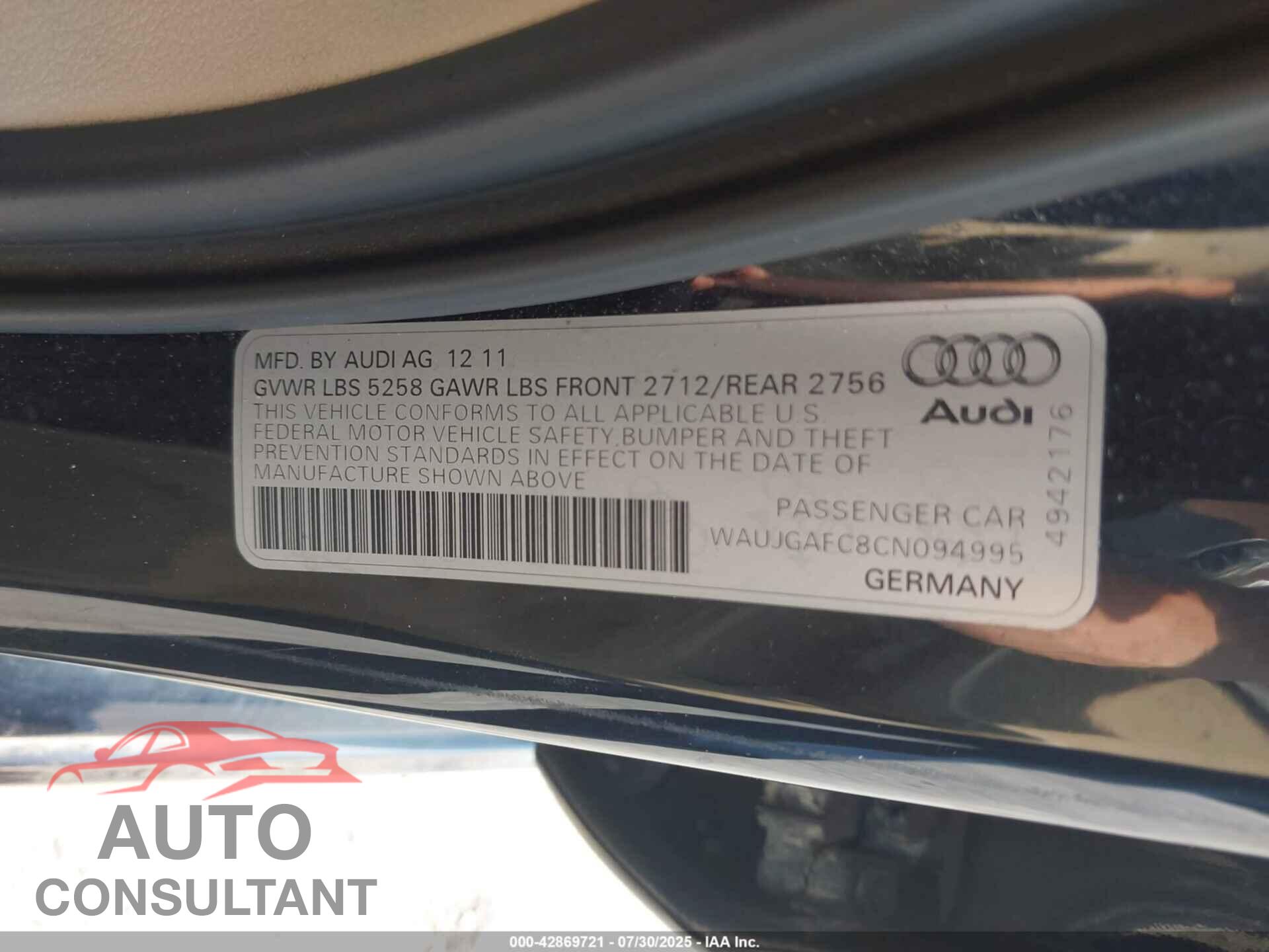 AUDI A6 2012 - WAUJGAFC8CN094995