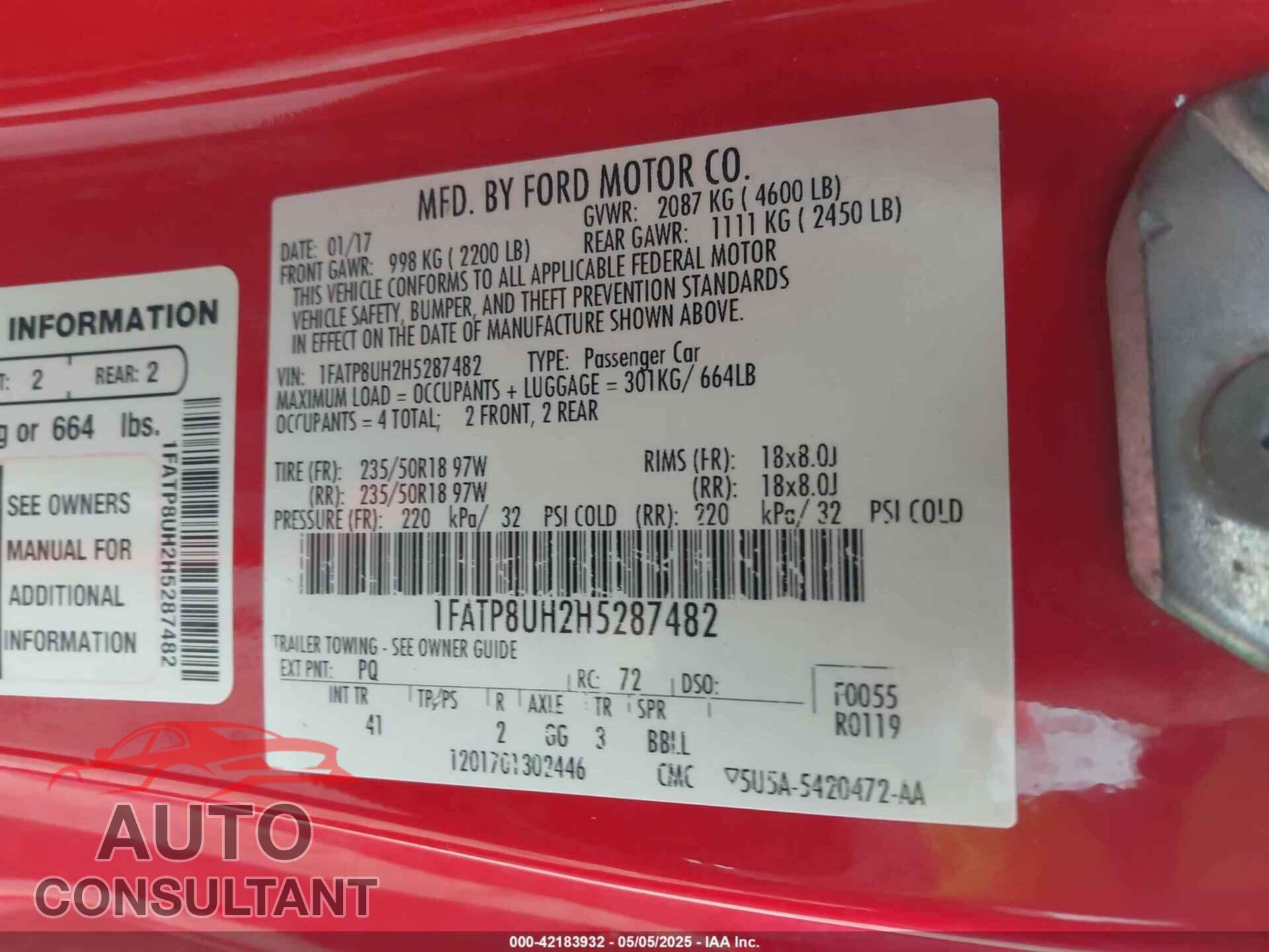 FORD MUSTANG 2017 - 1FATP8UH2H5287482