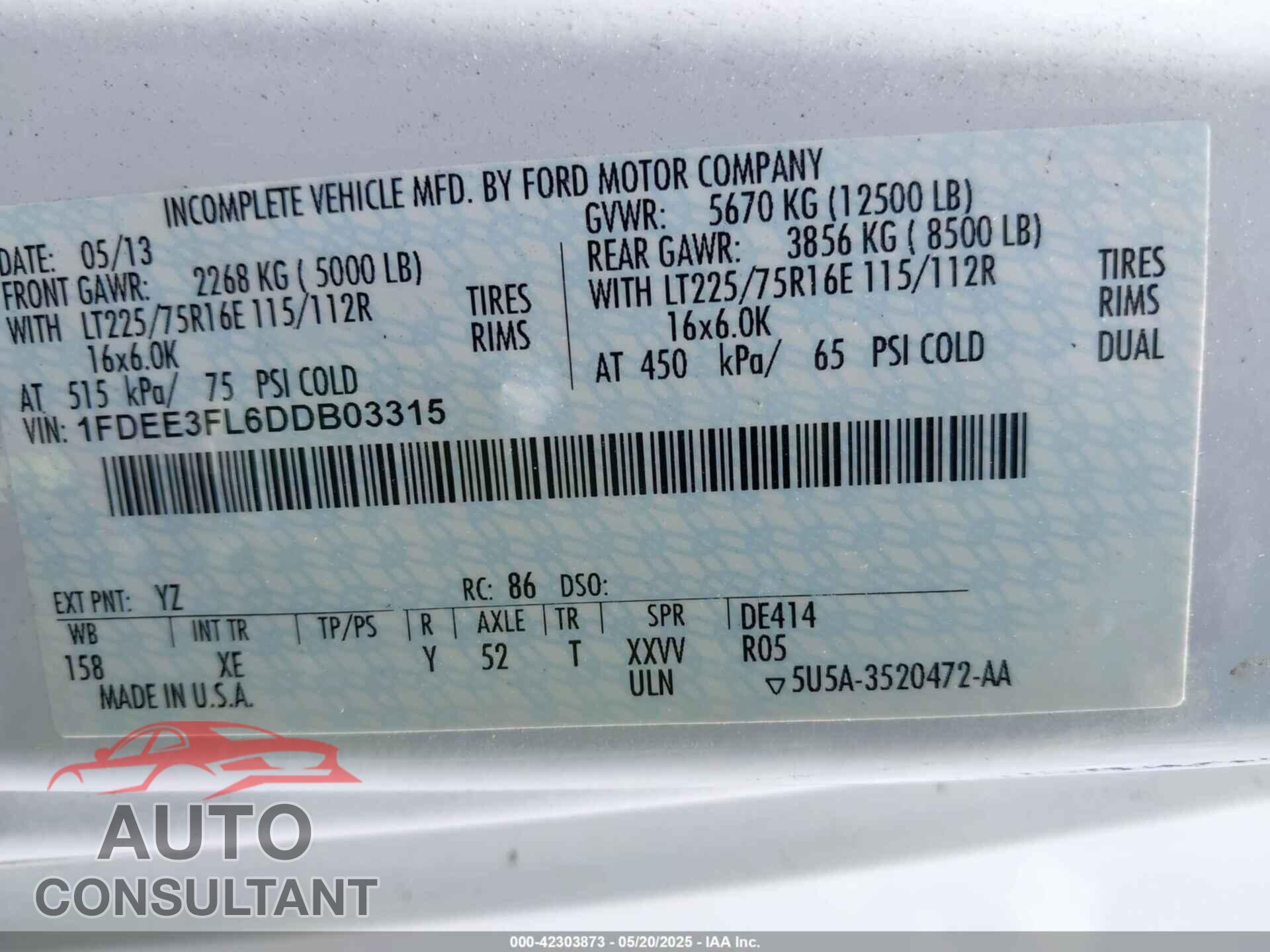 FORD E-350 CUTAWAY 2013 - 1FDEE3FL6DDB03315