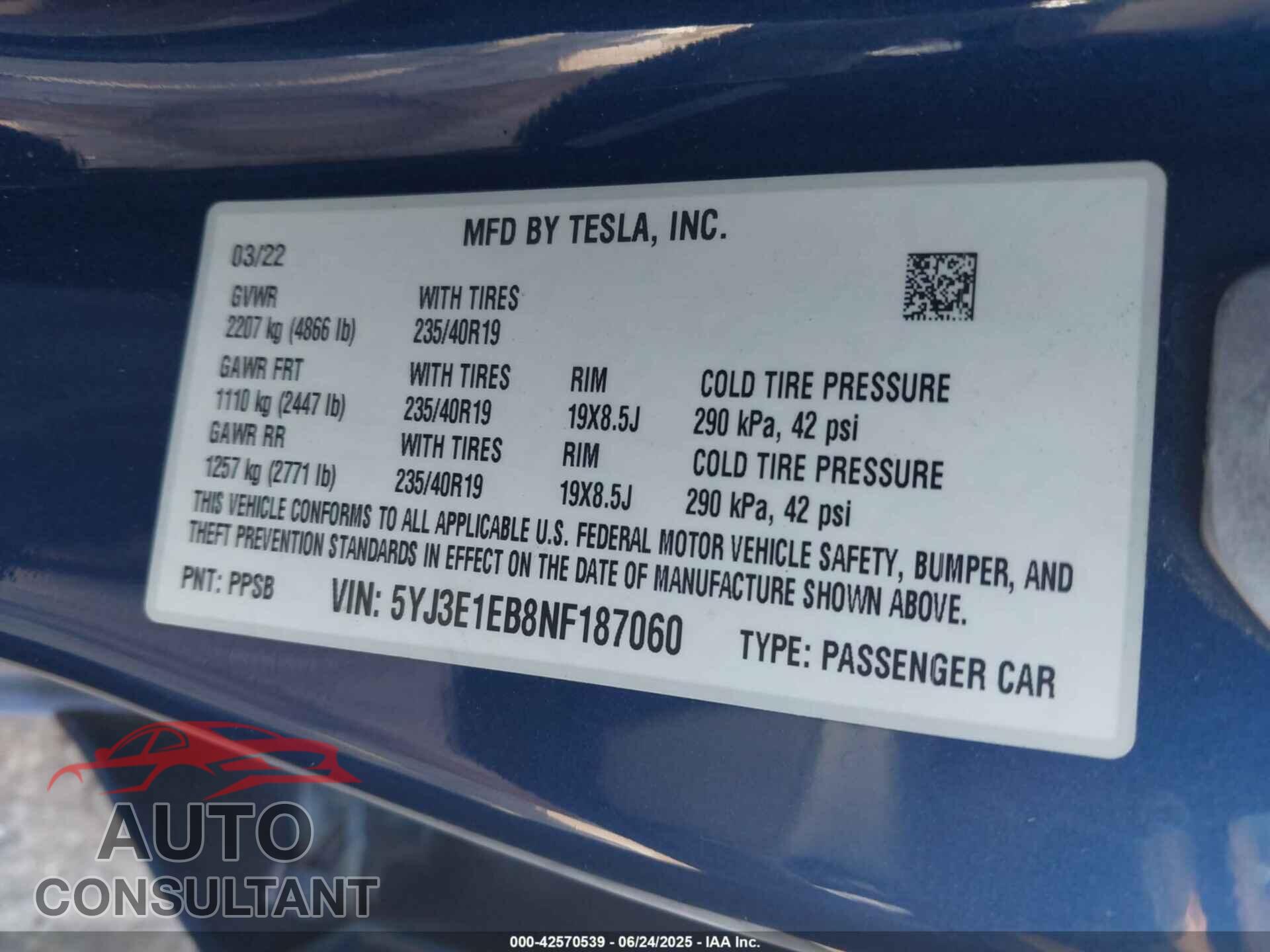 TESLA MODEL 3 2022 - 5YJ3E1EB8NF187060