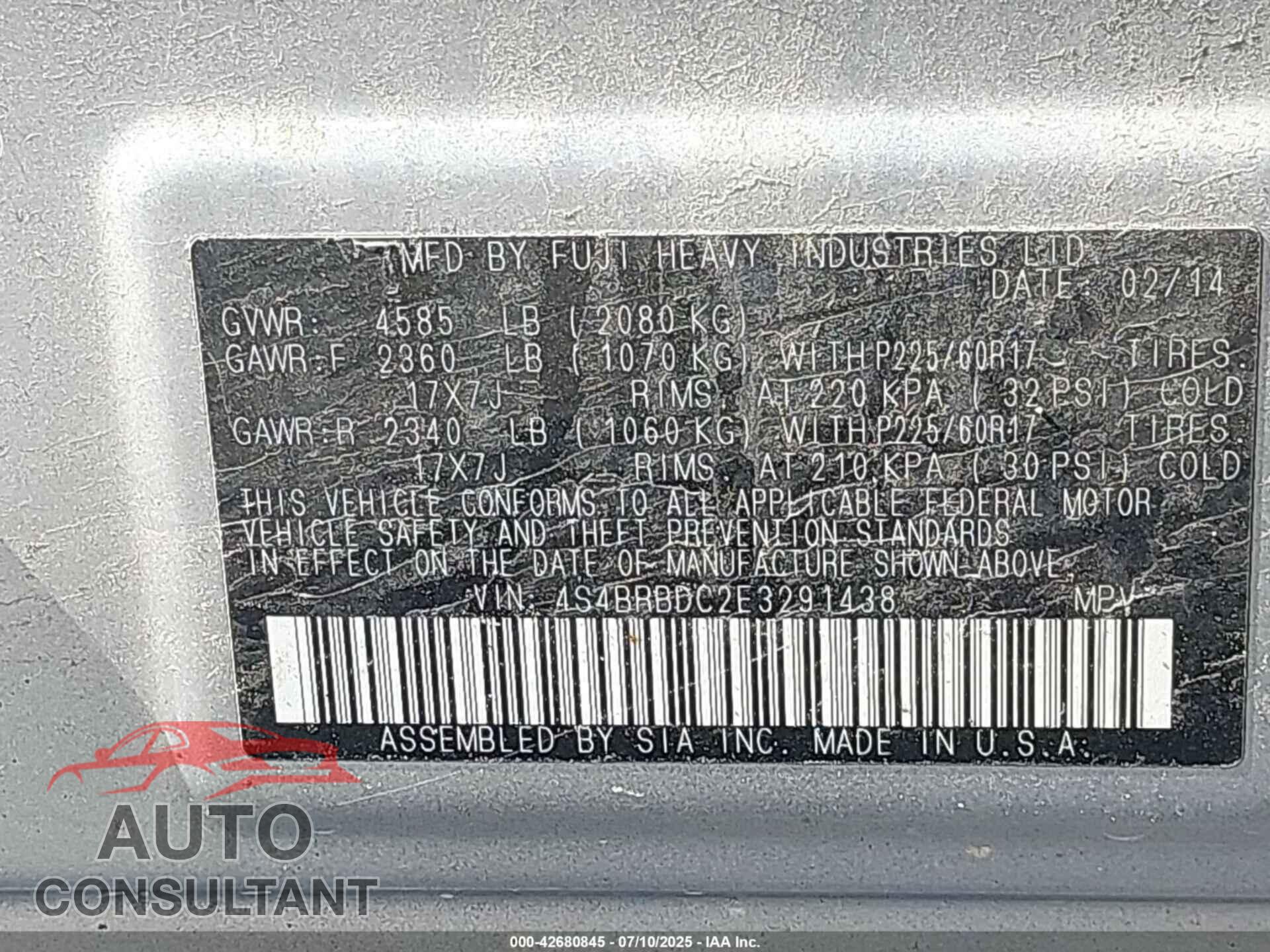 SUBARU OUTBACK 2014 - 4S4BRBDC2E3291438