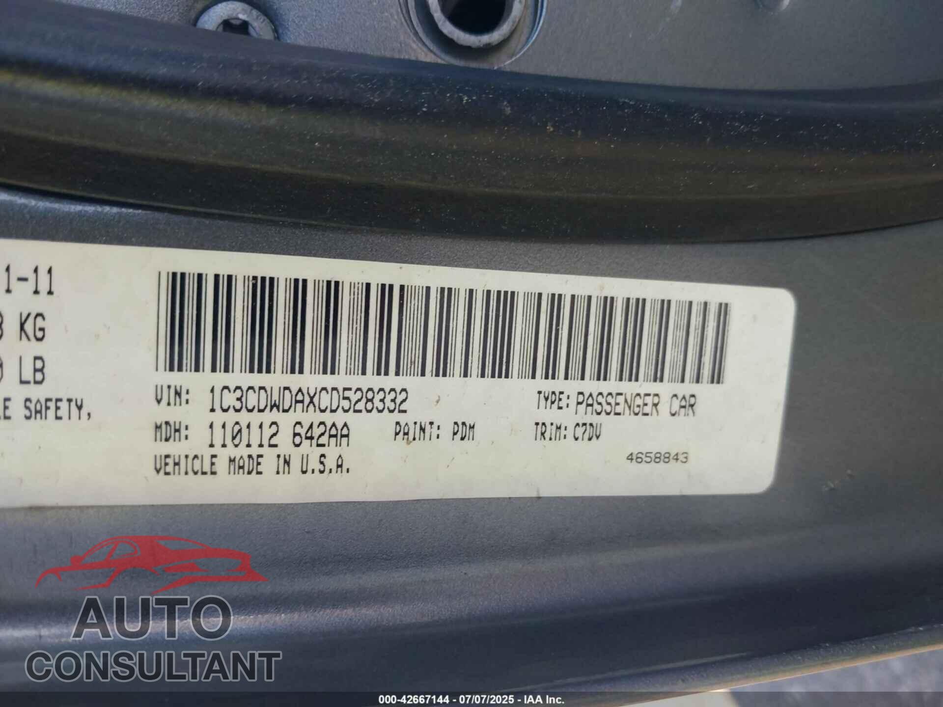 DODGE CALIBER 2012 - 1C3CDWDAXCD528332