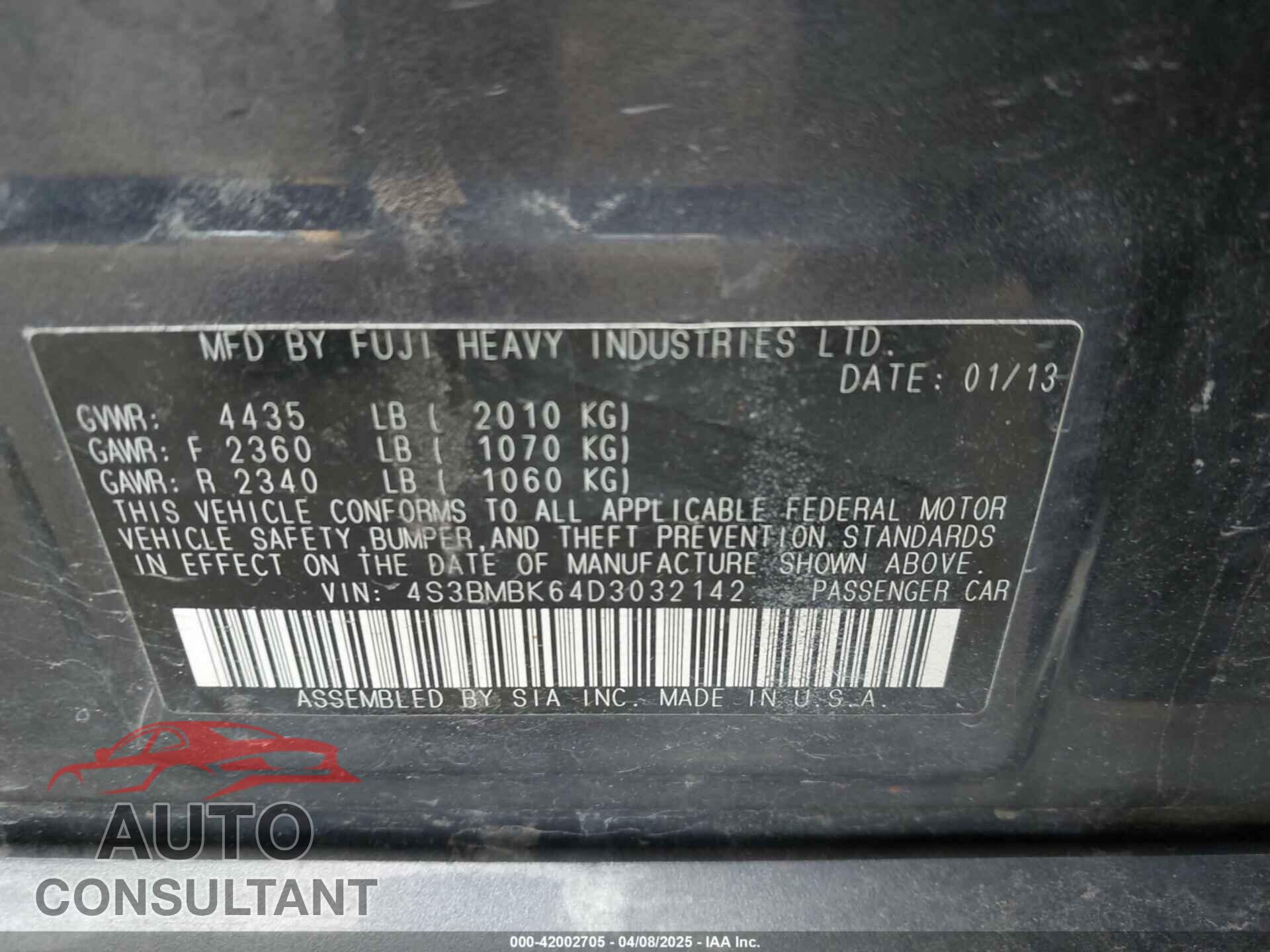 SUBARU LEGACY 2013 - 4S3BMBK64D3032142