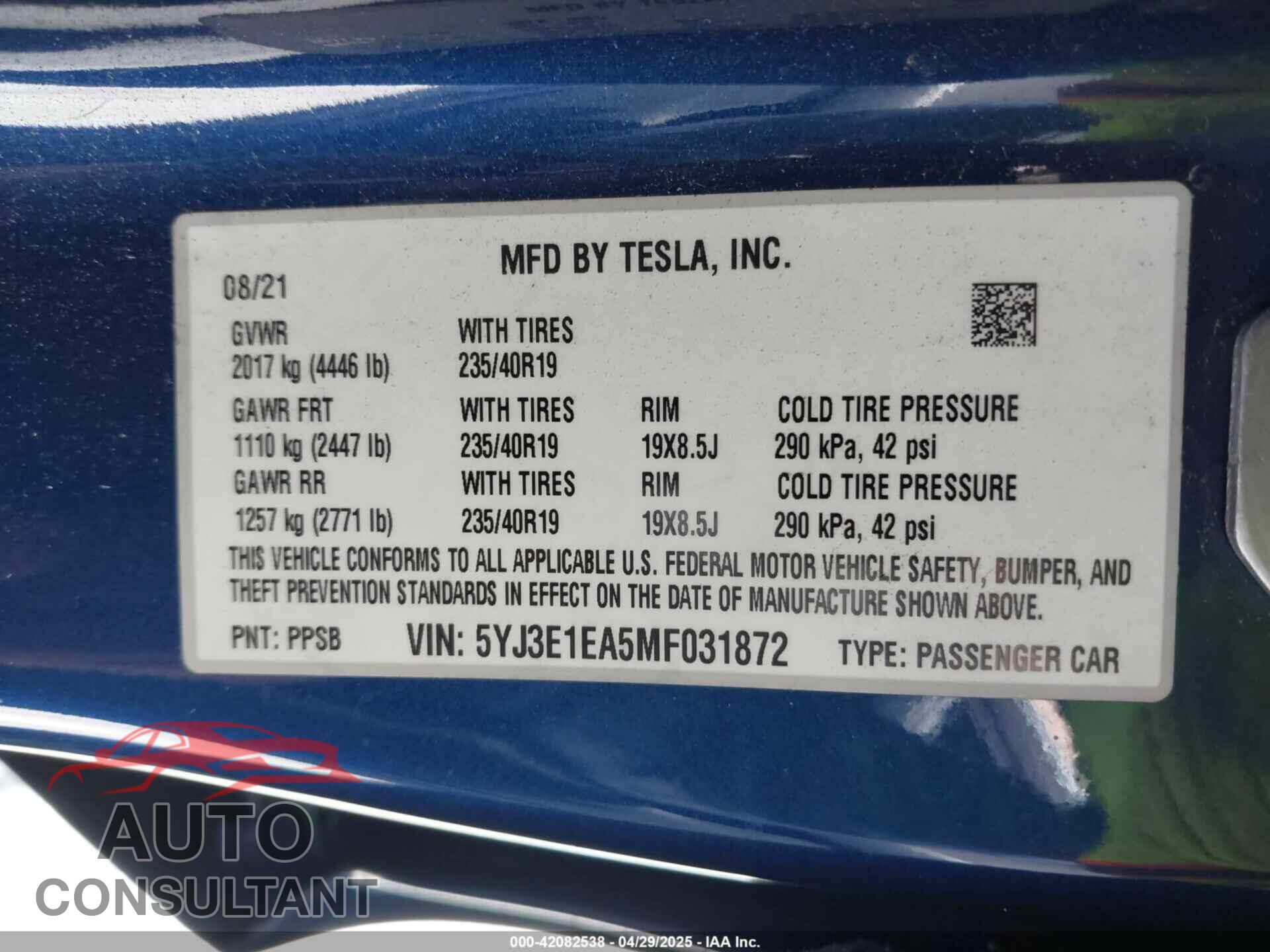 TESLA MODEL 3 2021 - 5YJ3E1EA5MF031872