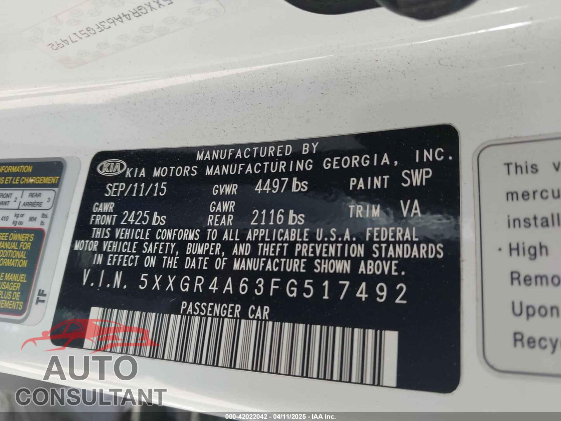 KIA OPTIMA 2015 - 5XXGR4A63FG517492