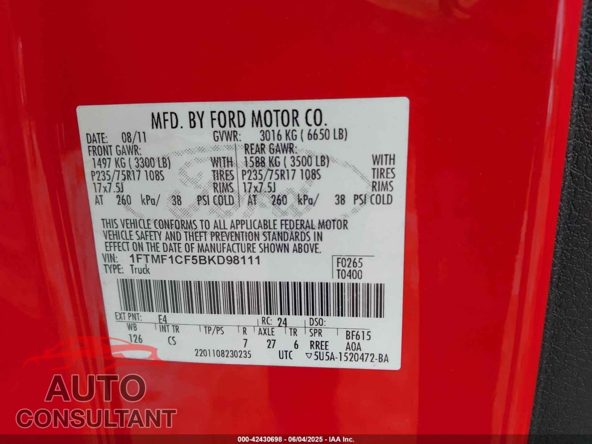 FORD F-150 2011 - 1FTMF1CF5BKD98111