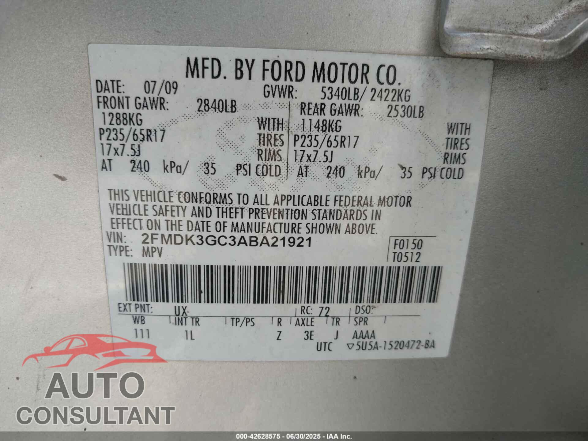 FORD EDGE 2010 - 2FMDK3GC3ABA21921