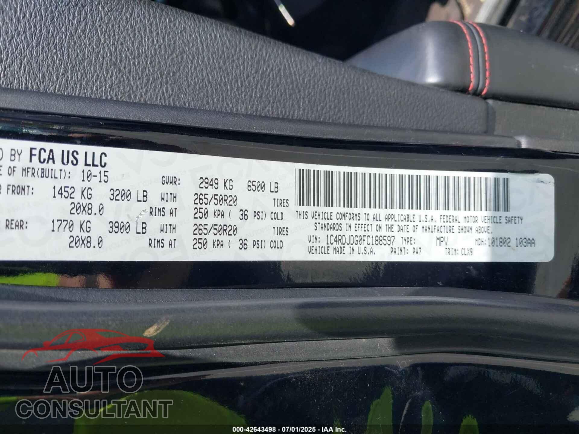 DODGE DURANGO 2015 - 1C4RDJDG0FC188597