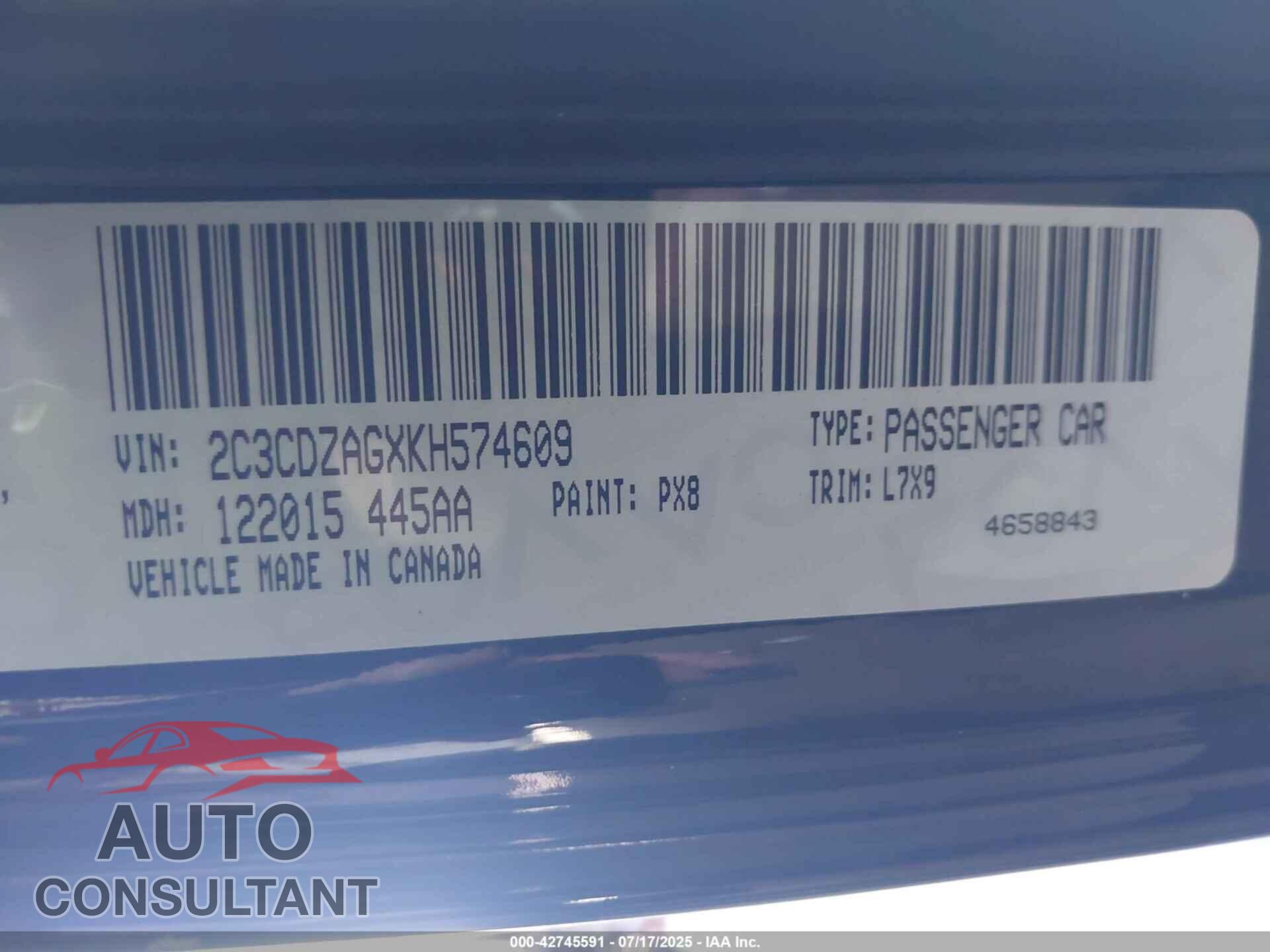 DODGE CHALLENGER 2019 - 2C3CDZAGXKH574609