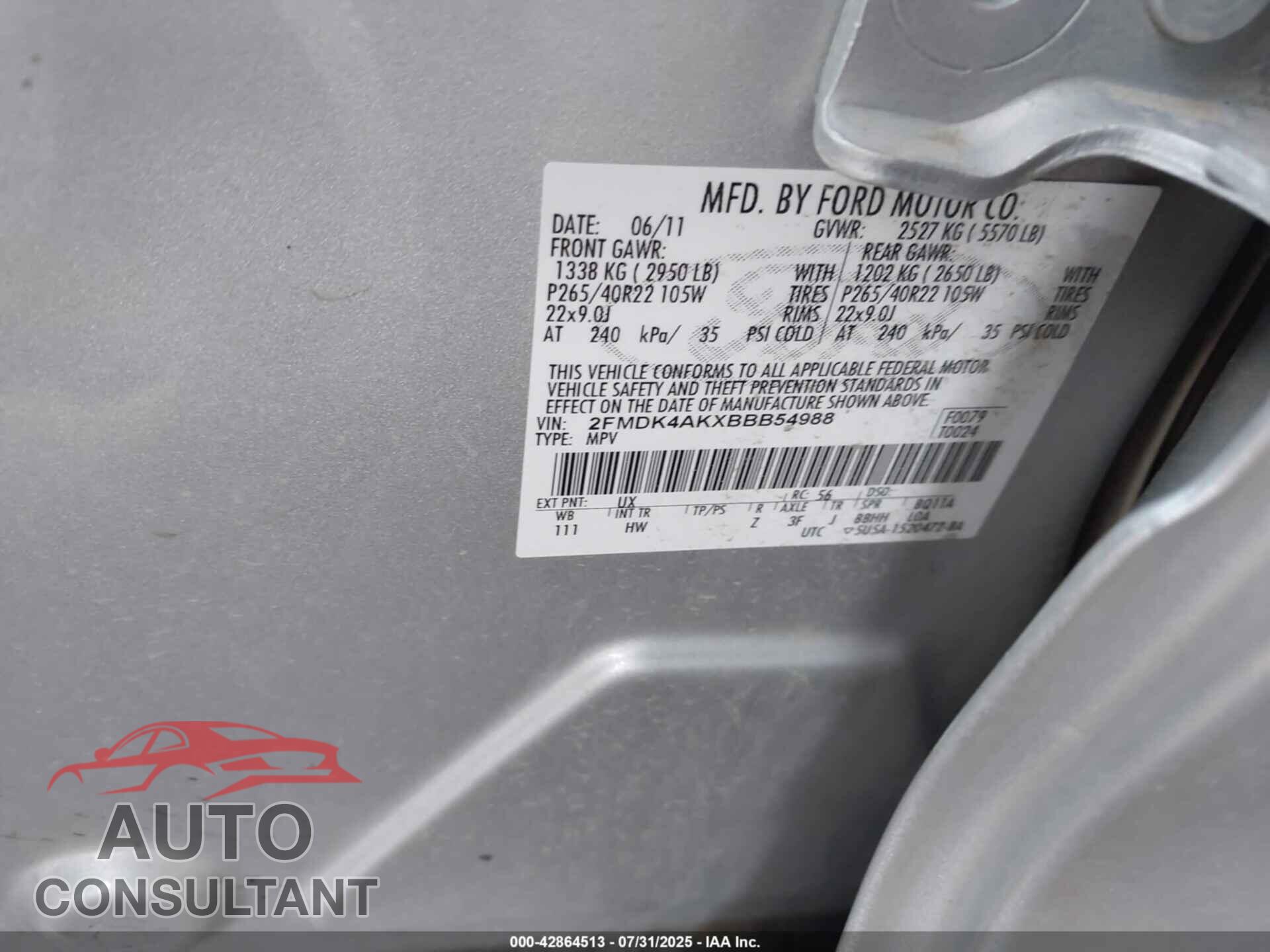 FORD EDGE 2011 - 2FMDK4AKXBBB54988