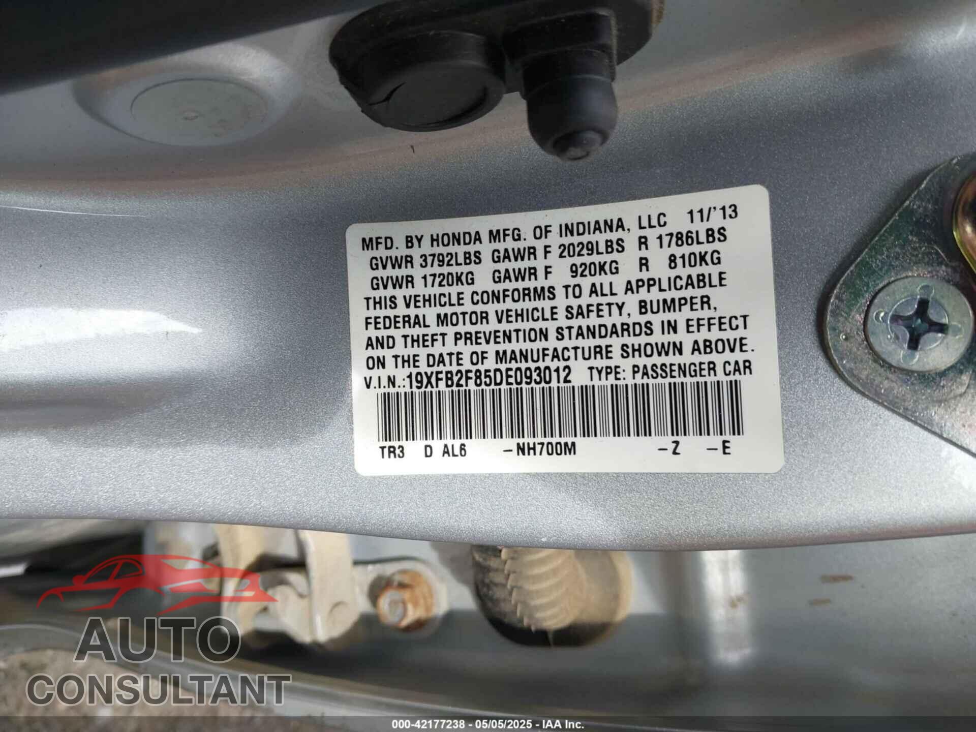 HONDA CIVIC 2013 - 19XFB2F85DE093012
