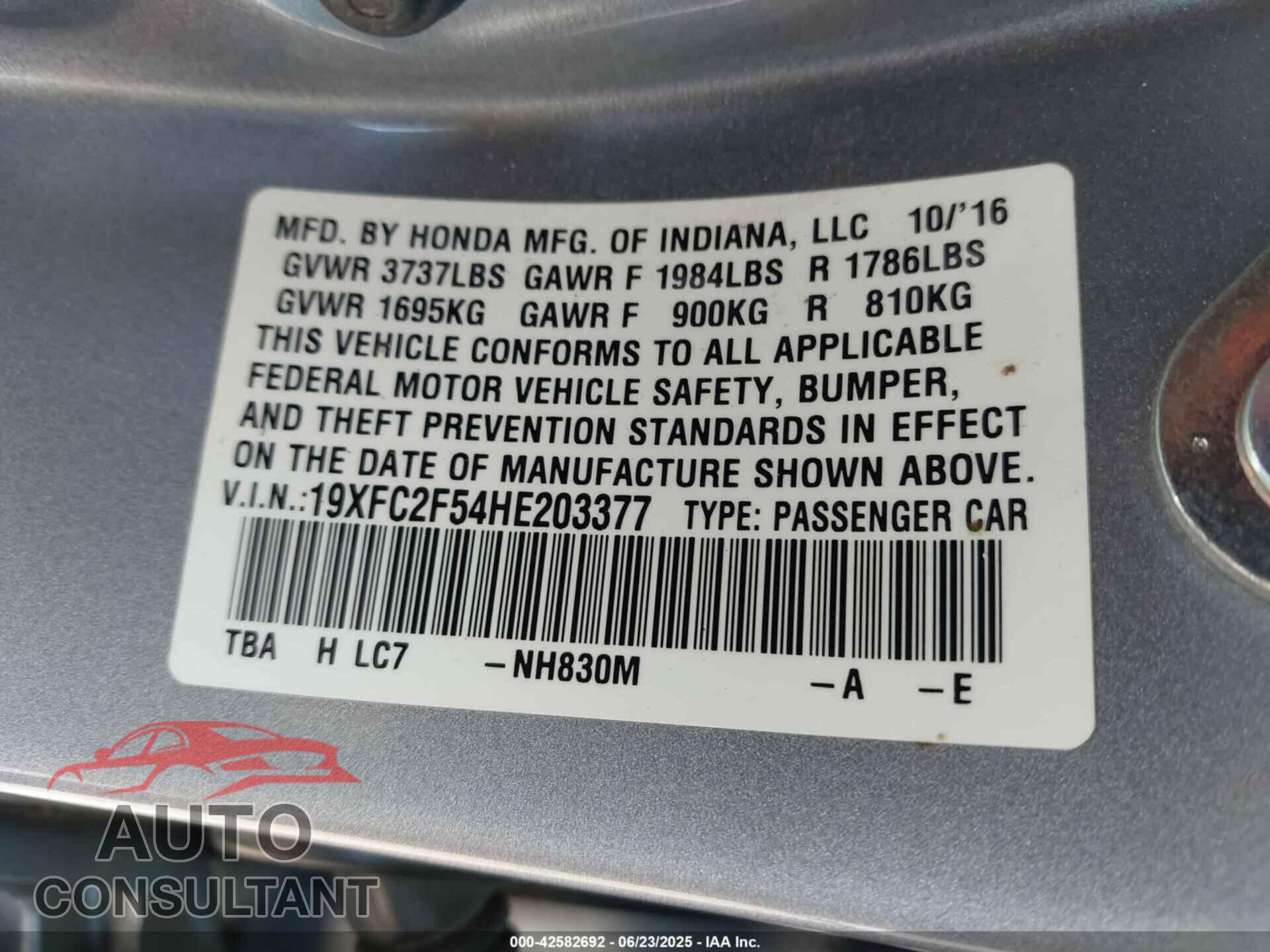 HONDA CIVIC 2017 - 19XFC2F54HE203377