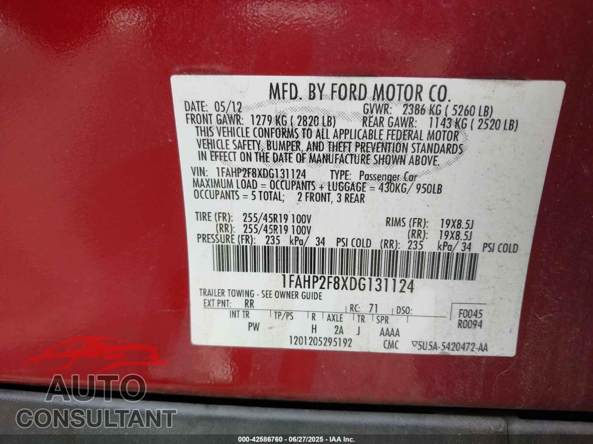 FORD TAURUS 2013 - 1FAHP2F8XDG131124